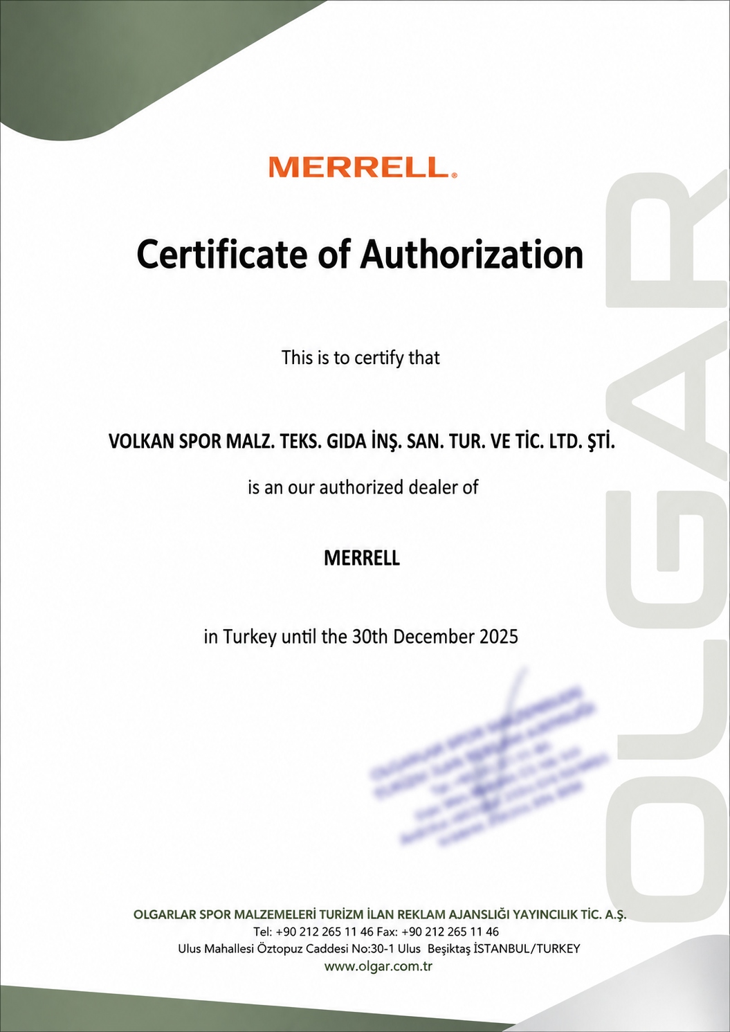 Merrell yetkili satıcı belgesi