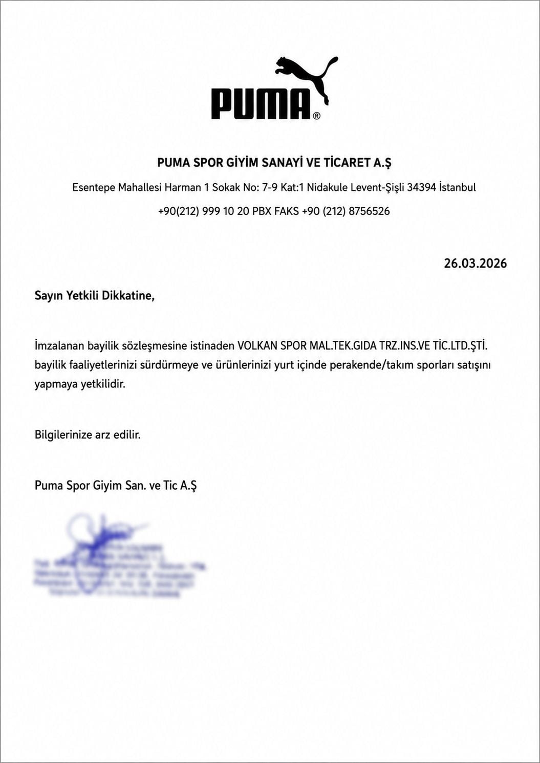 Puma yetkili satıcı belgesi