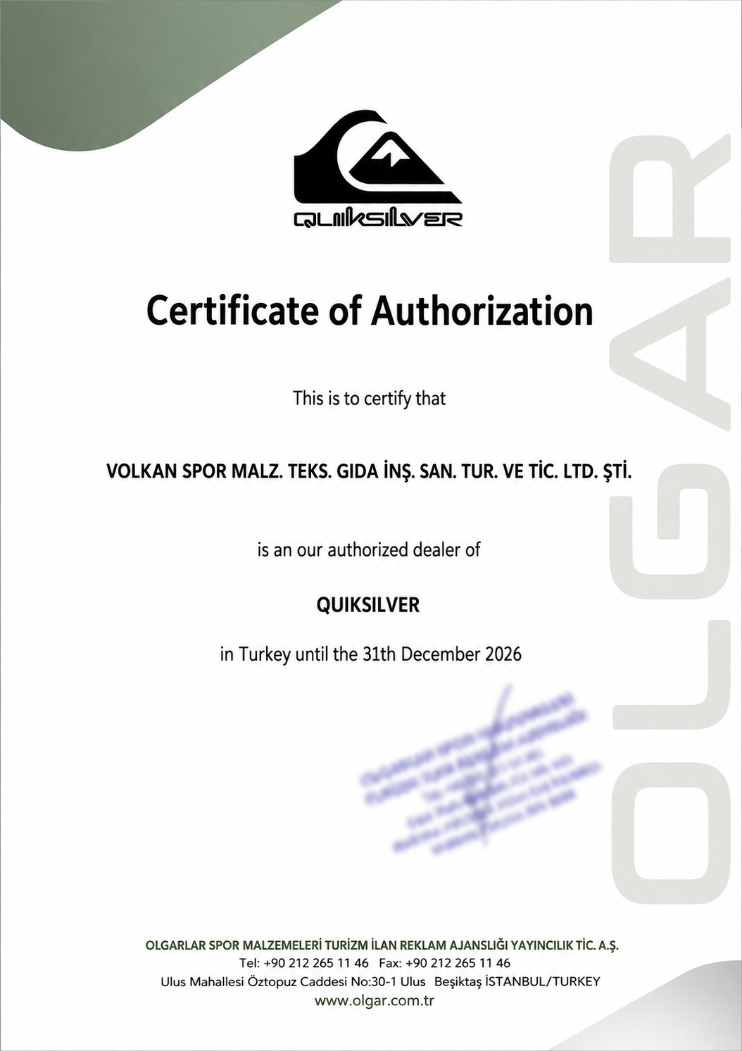 Quiksilver yetkili satıcı belgesi