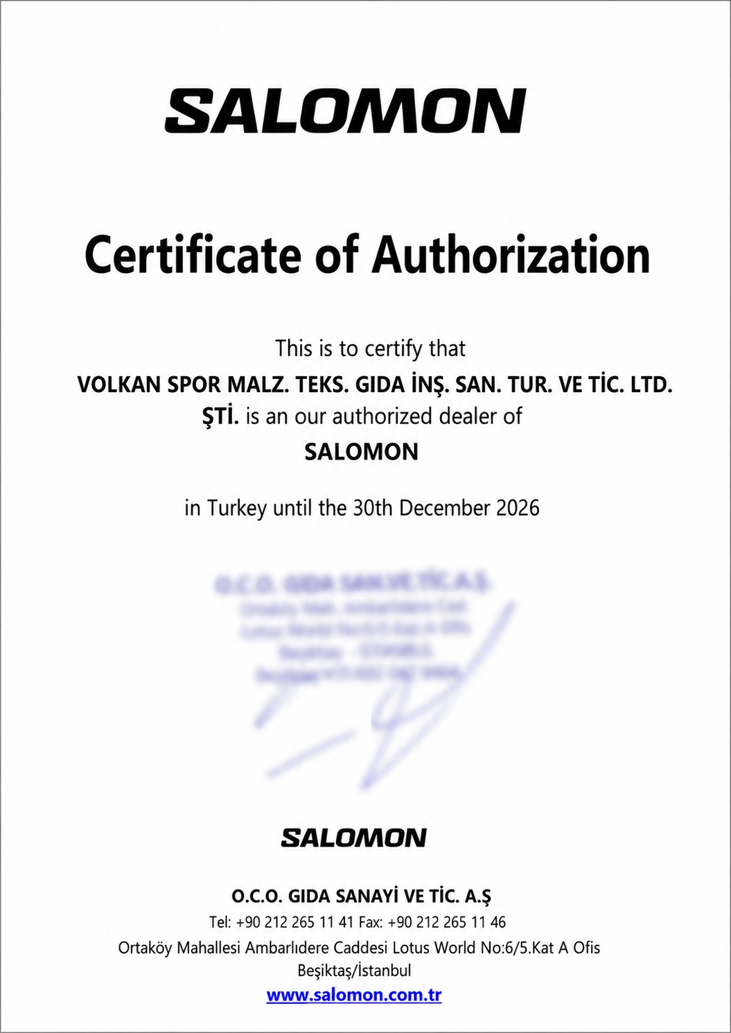 Salomon yetkili satıcı belgesi