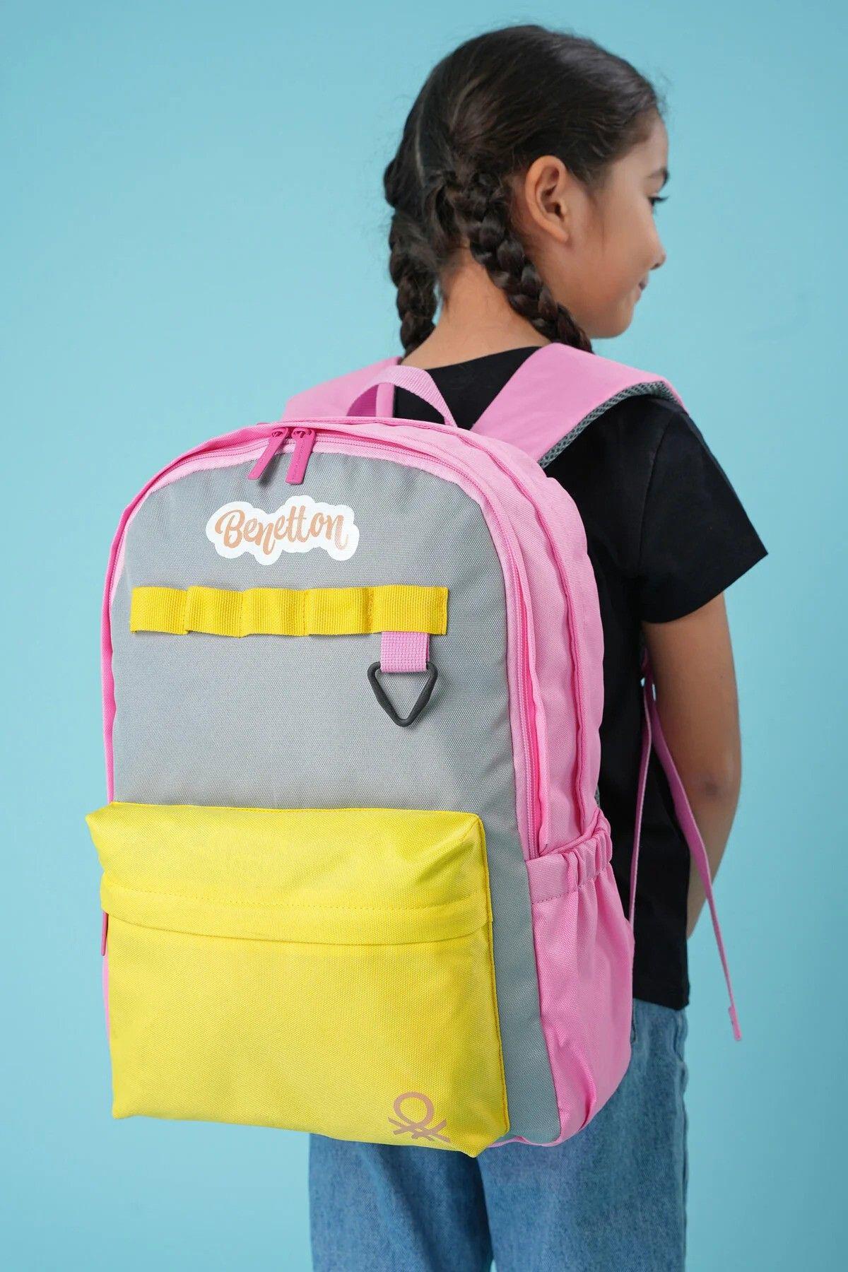 Benetton Kız Çocuk Üçlü Okul Çanta Seti 21028 - Gri Pembe Sarı