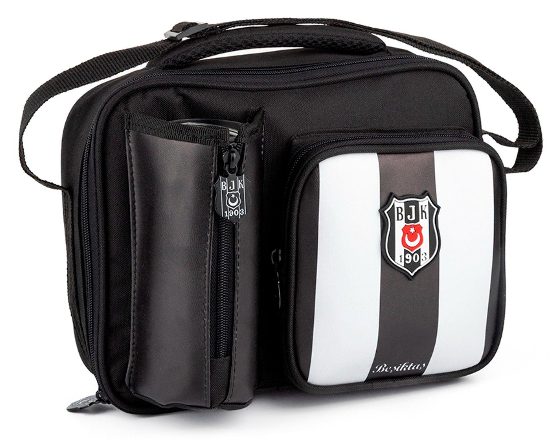 Beşiktaş Çubuk Desenli Siyah Beyaz Okul Beslenme Çantası - Suni Deri Ön Yüz - 25358