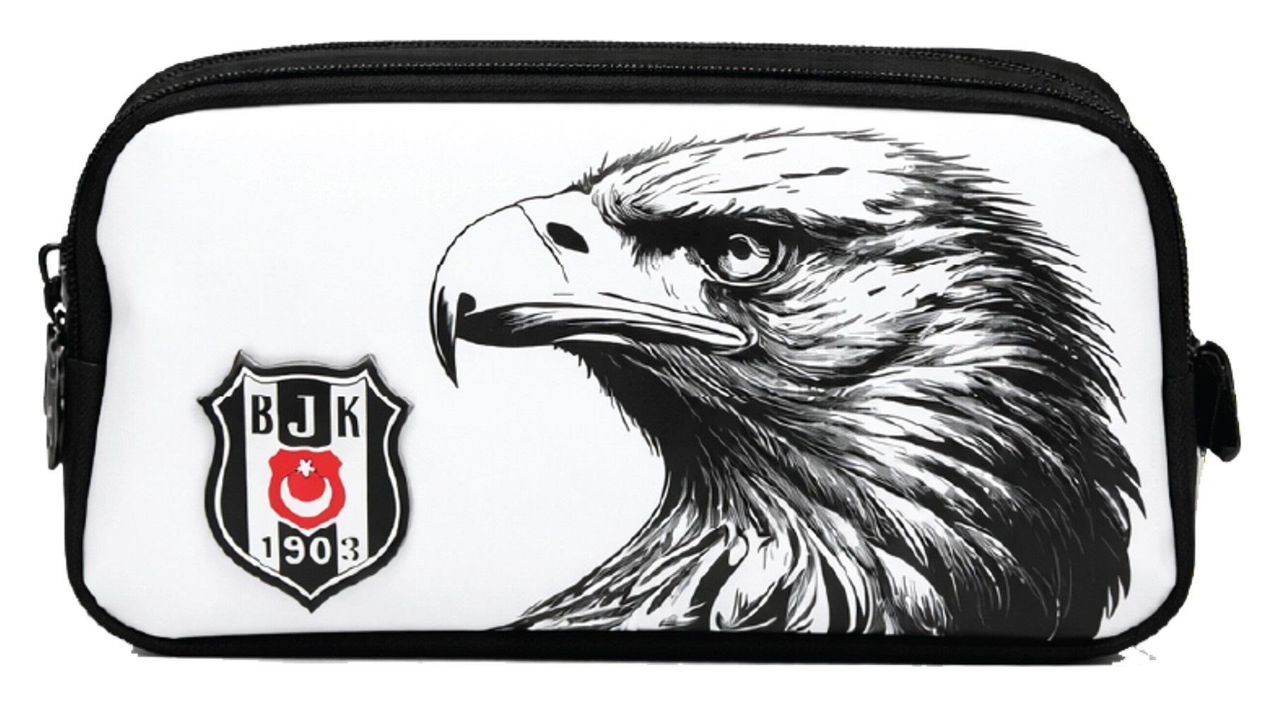 Beşiktaş İki Gözlü Erkek Çocuk Kartal Baskılı Beyaz Okul Kalem Çantası/Kalemlik - 26364