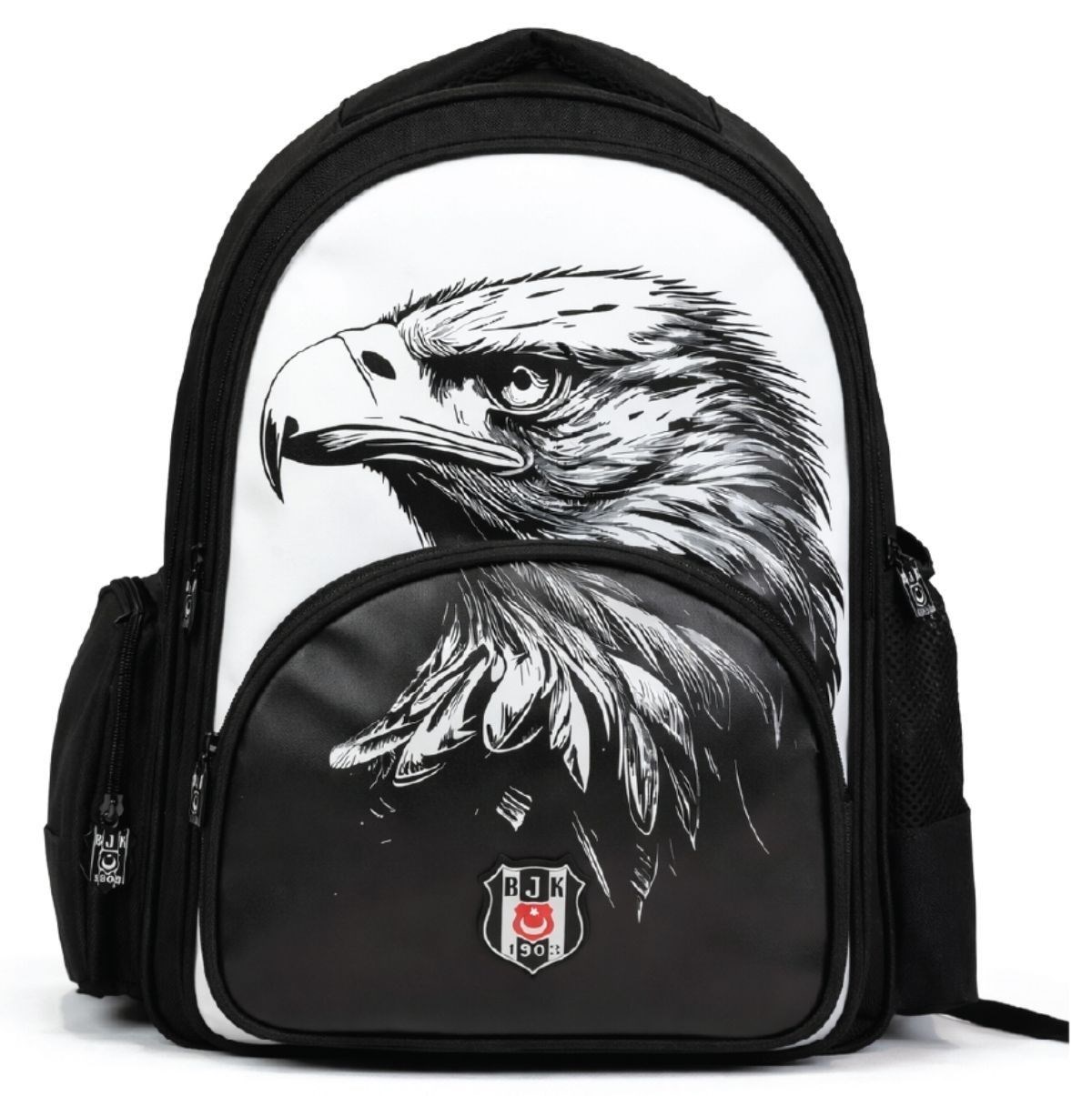 Beşiktaş Üç Bölmeli Erkek Çocuk Kartal Baskılı Beyaz - Siyah Okul Sırt Çantası - 26361