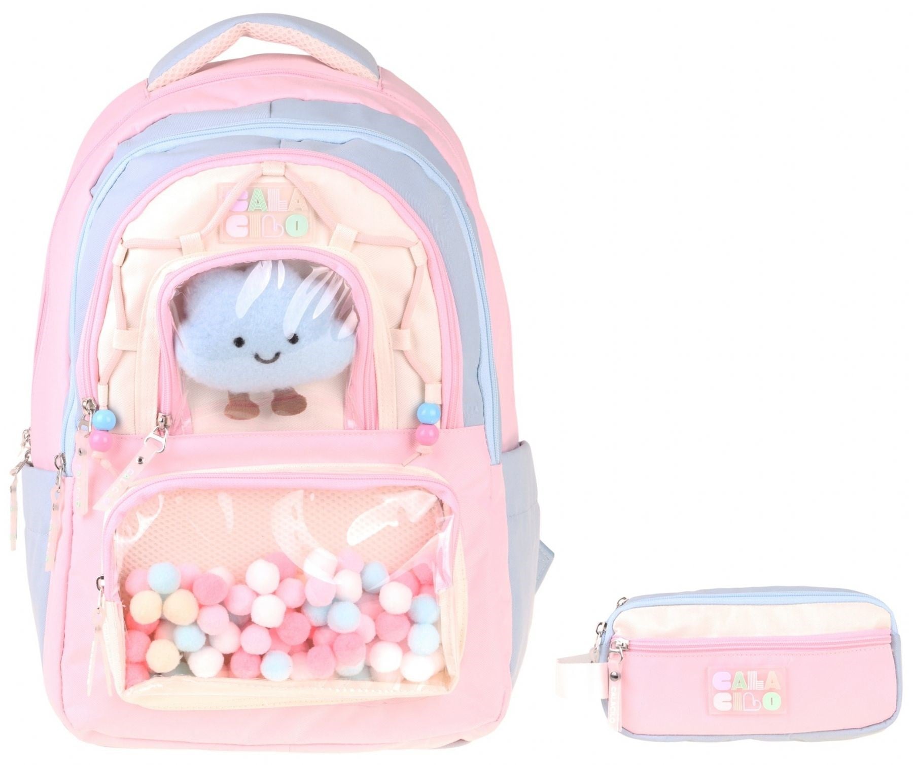CalaCilo Cloudy Kız Çocuk Cloudy Pembe Mavi Renkli Okul Sırt Çantası ve Kalemlik Seti - SETCC-C4086C