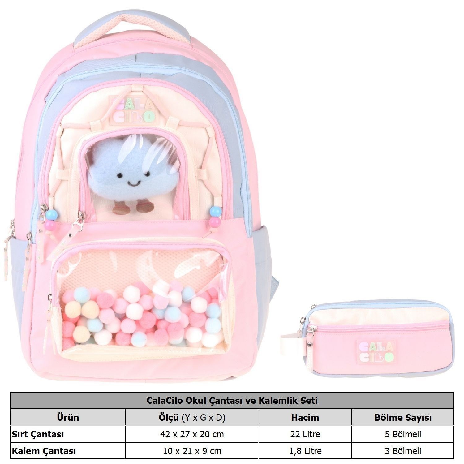 CalaCilo Cloudy Kız Çocuk Cloudy Pembe Mavi Renkli Okul Sırt Çantası ve Kalemlik Seti - SETCC-C4086C
