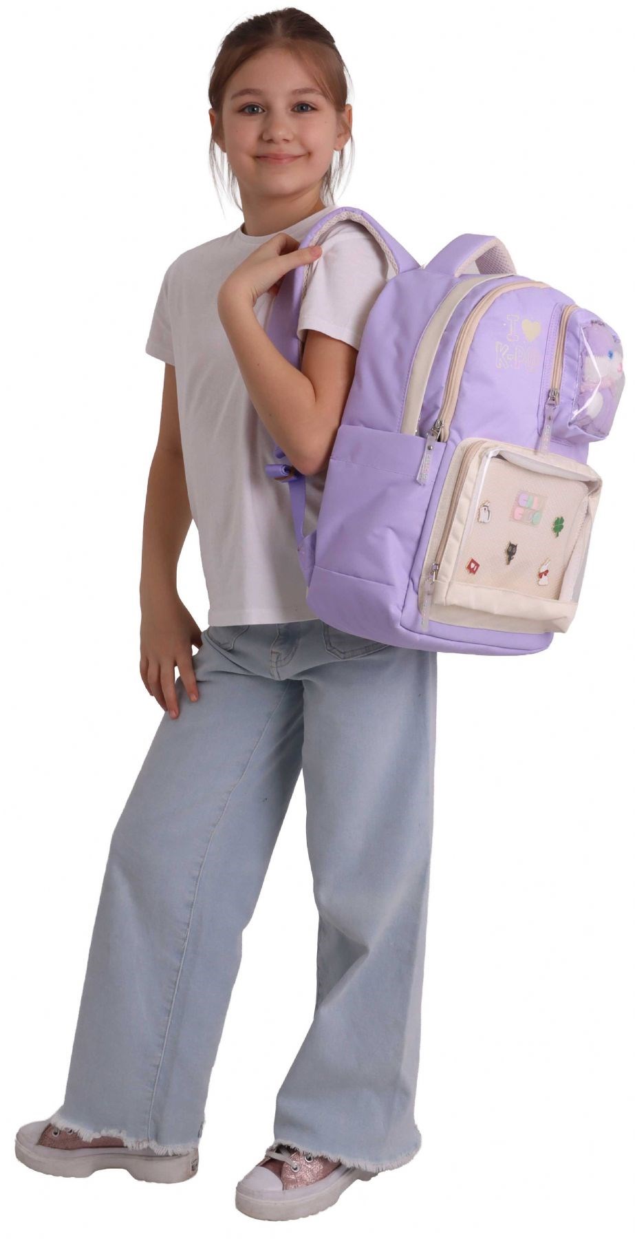 CalaCilo Dört Bölmeli Peluşlu K-Pop Lilac Peluş Ayı Aksesuarlı Lila Kız Çocuk İlkokul Sırt Çantası - C4104