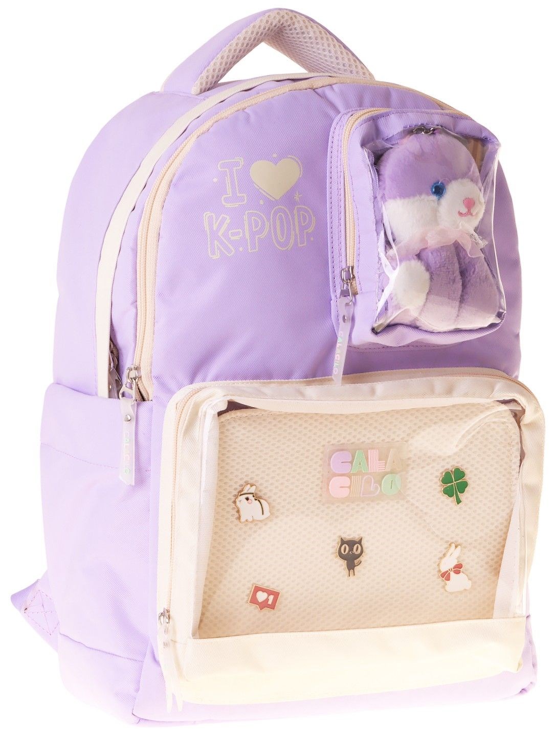 CalaCilo Dört Bölmeli Peluşlu K-Pop Lilac Peluş Ayı Aksesuarlı Lila Kız Çocuk İlkokul Sırt Çantası - C4104