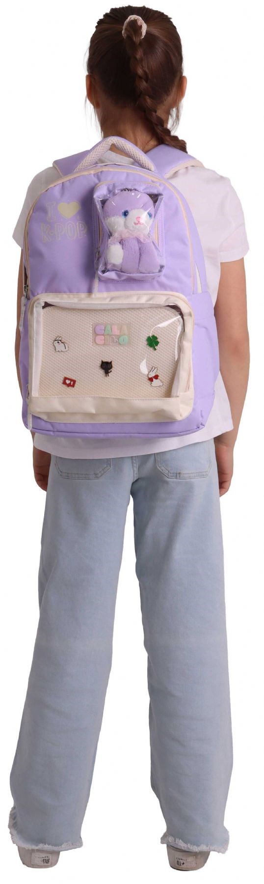 CalaCilo Dört Bölmeli Peluşlu K-Pop Lilac Peluş Ayı Aksesuarlı Lila Kız Çocuk İlkokul Sırt Çantası - C4104