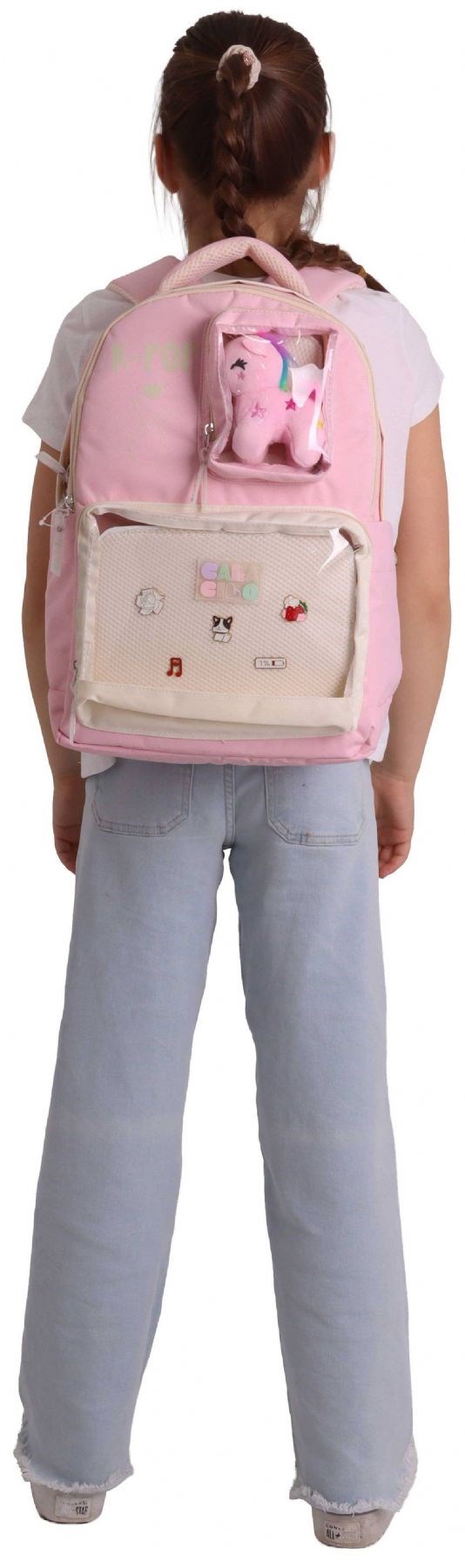 CalaCilo Dört Bölmeli Peluşlu K-Pop Pink Pembe Peluş Aksesuarlı Pembe Kız Çocuk İlkokul Sırt Çantası - C4107
