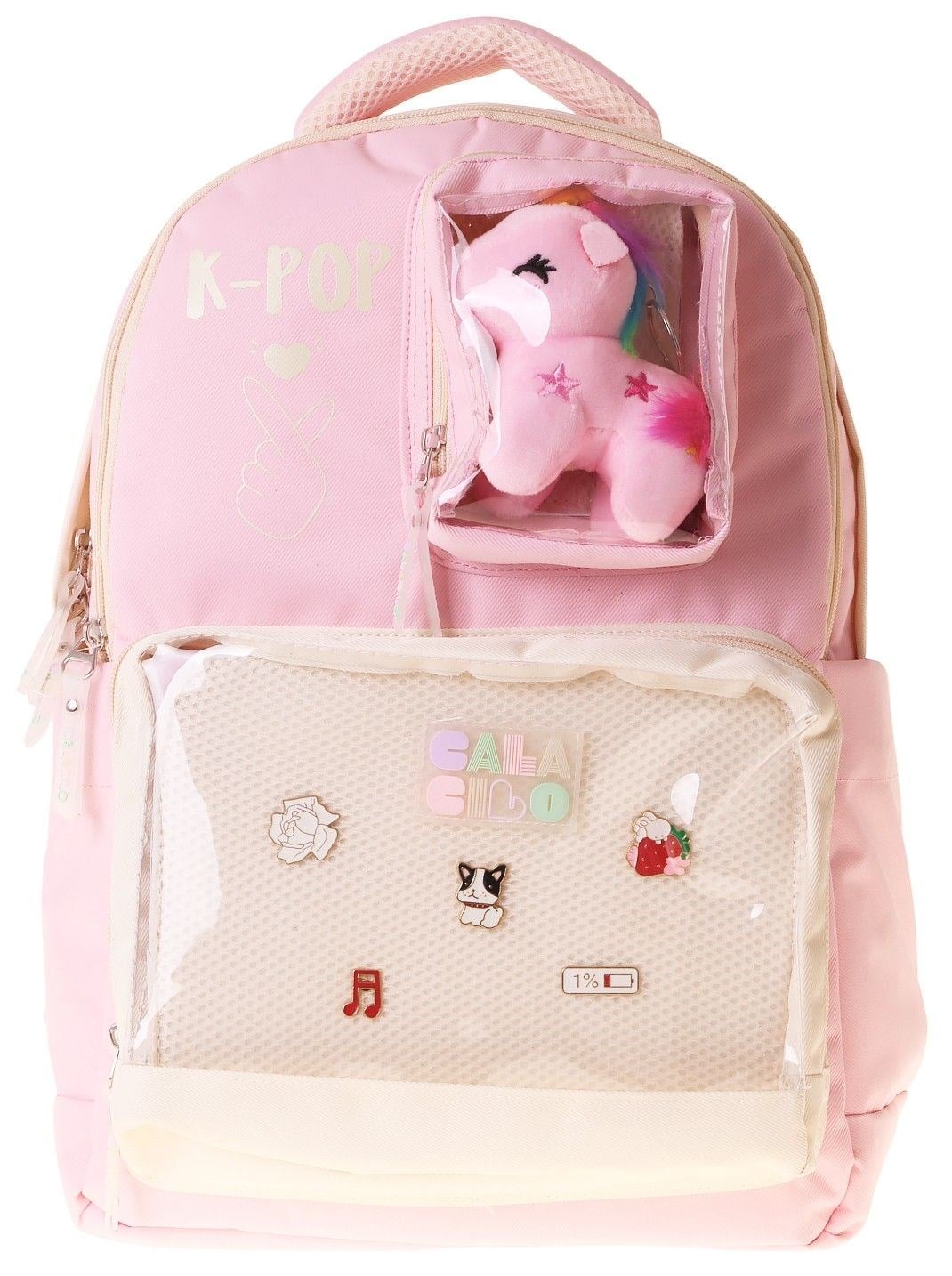 CalaCilo Dört Bölmeli Peluşlu K-Pop Pink Pembe Peluş Aksesuarlı Pembe Kız Çocuk İlkokul Sırt Çantası - C4107