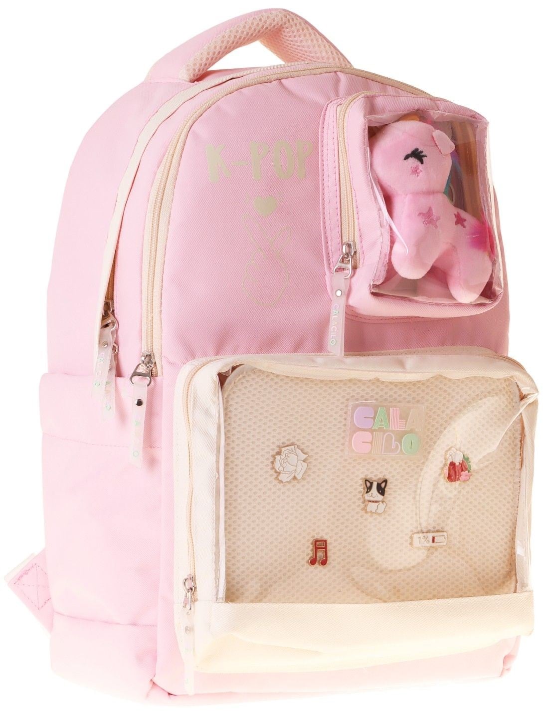 CalaCilo Dört Bölmeli Peluşlu K-Pop Pink Pembe Peluş Aksesuarlı Pembe Kız Çocuk İlkokul Sırt Çantası - C4107