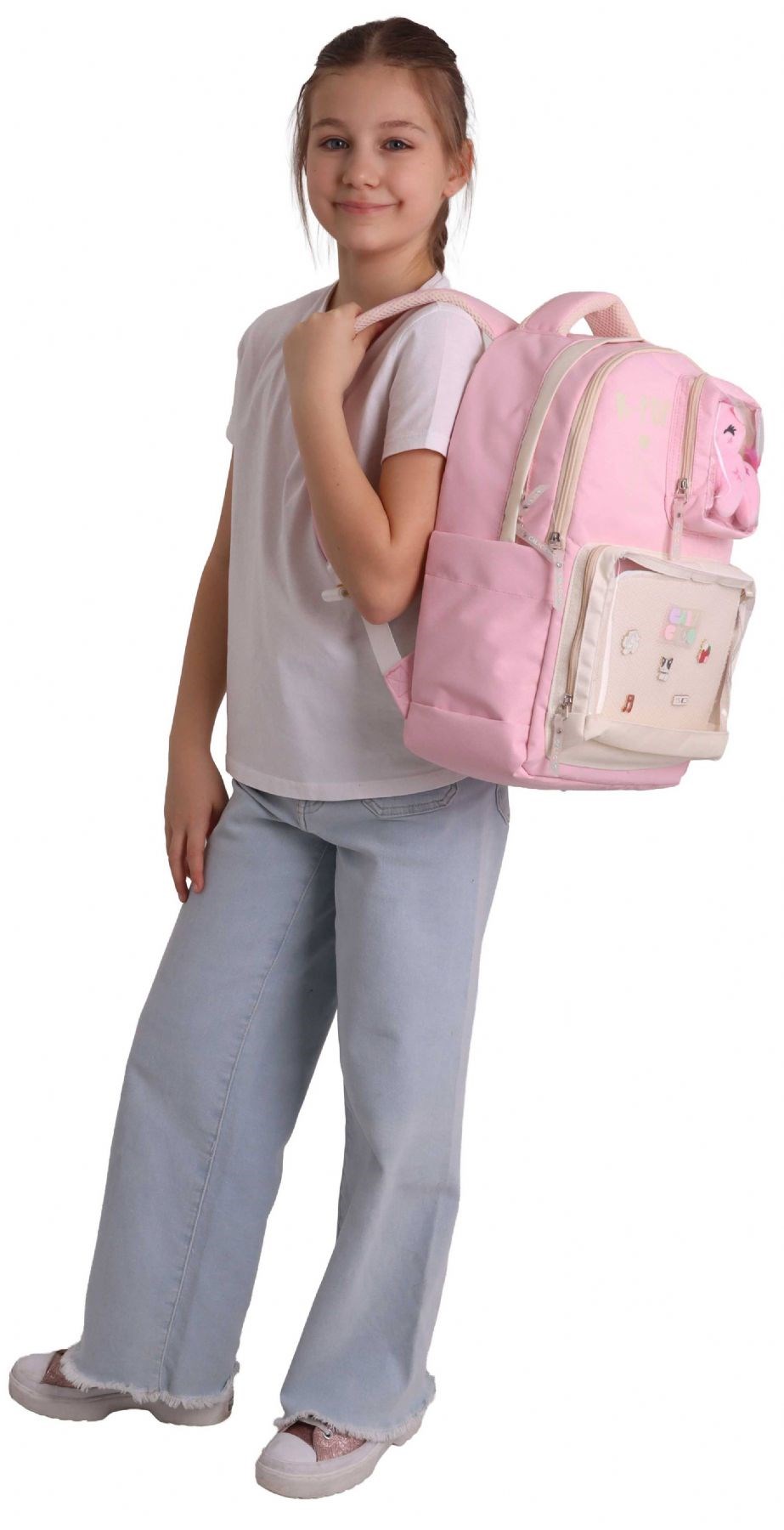 CalaCilo Dört Bölmeli Peluşlu K-Pop Pink Pembe Peluş Aksesuarlı Pembe Kız Çocuk İlkokul Sırt Çantası - C4107
