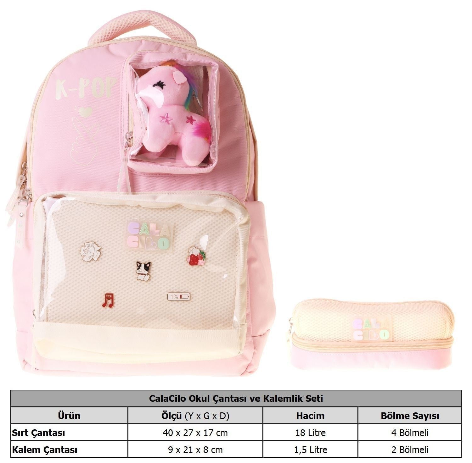 CalaCilo K Pop Pink Kız Çocuk K-Pop Pink Pembe Peluş Aksesuarlı Okul Sırt Çantası ve Kalemlik Seti - SETCC-C4107C