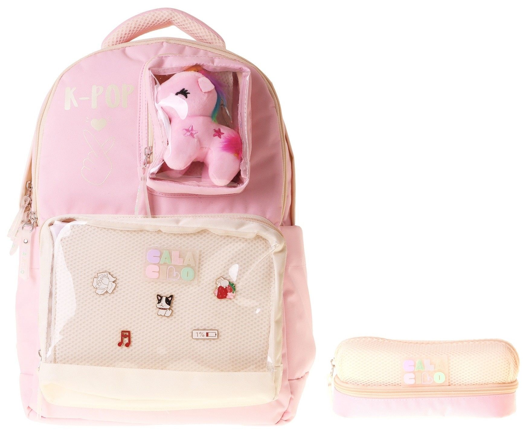CalaCilo K Pop Pink Kız Çocuk K-Pop Pink Pembe Peluş Aksesuarlı Okul Sırt Çantası ve Kalemlik Seti - SETCC-C4107C