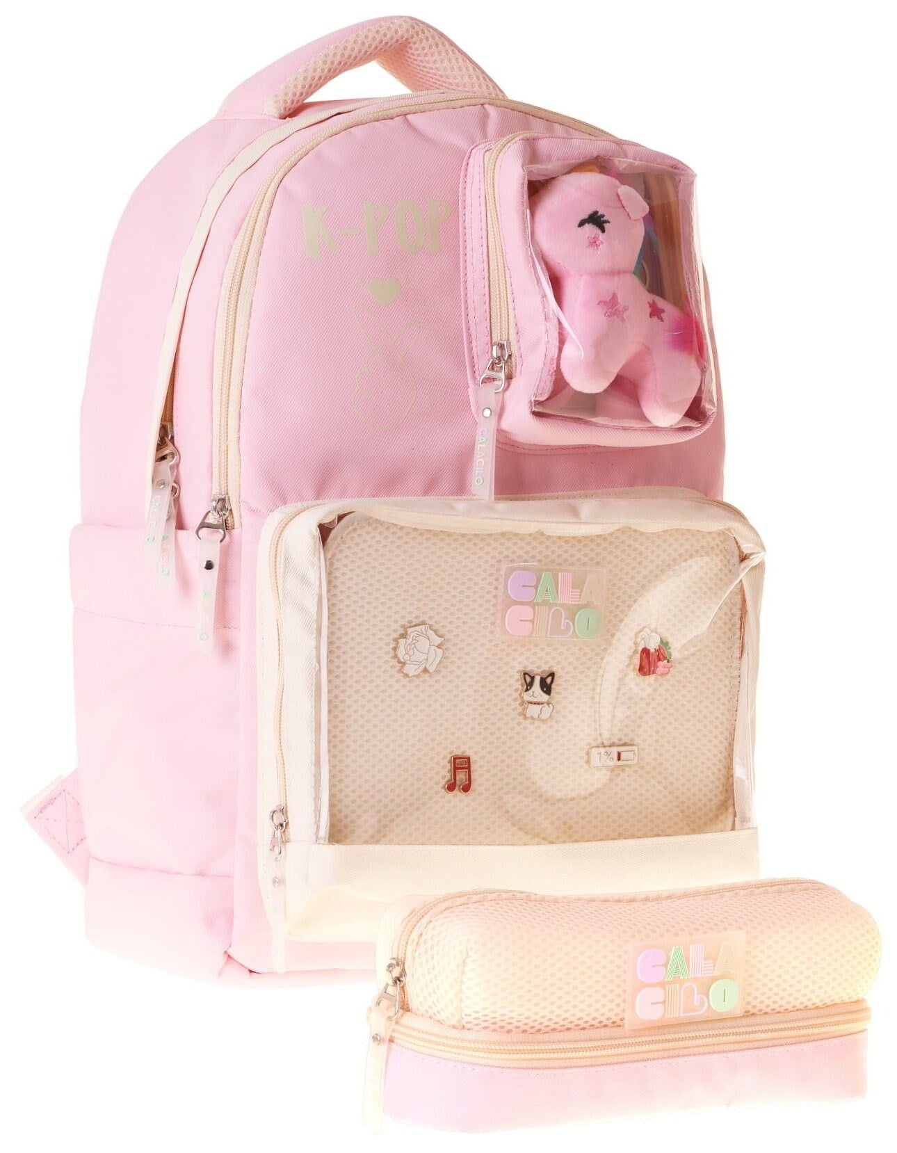 CalaCilo K Pop Pink Kız Çocuk K-Pop Pink Pembe Peluş Aksesuarlı Okul Sırt Çantası ve Kalemlik Seti - SETCC-C4107C