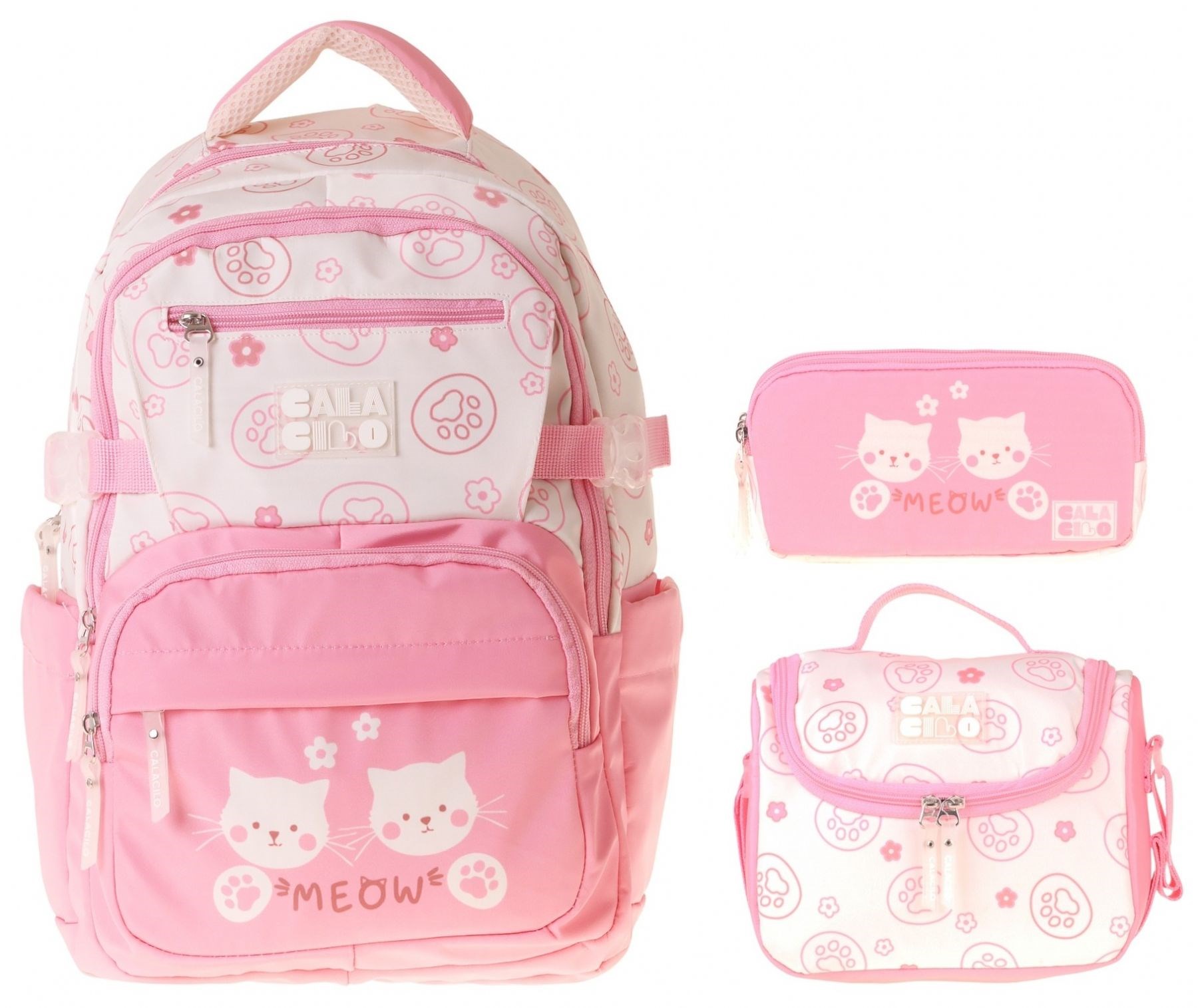 CalaCilo Kedi Baskılı Pembe Kız Çocuk Üçlü İlkokul Okul Çantası Seti - SETCC-C4038A