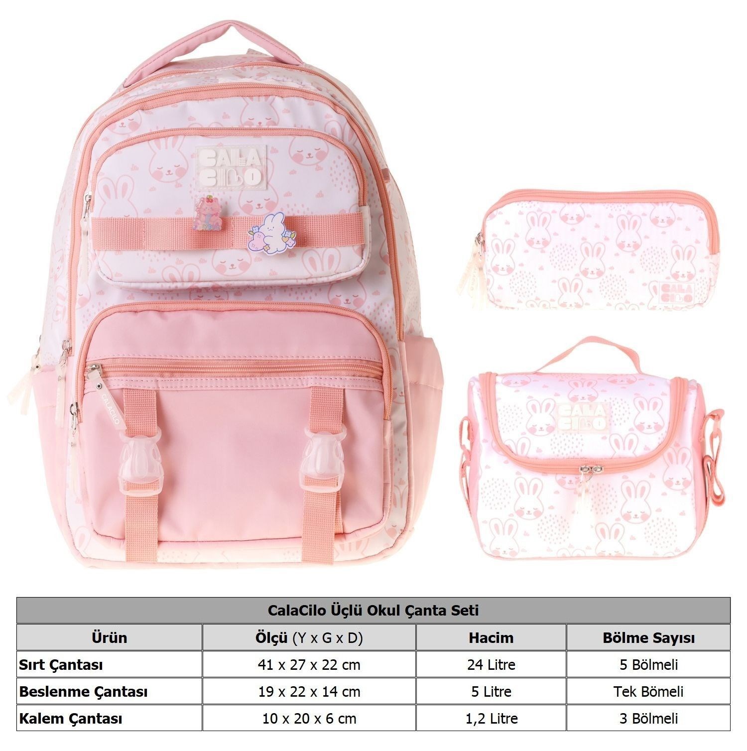 CalaCilo Kedi Baskılı Pembe Kız Çocuk Üçlü İlkokul Okul Çantası Seti - SETCC-C4050A