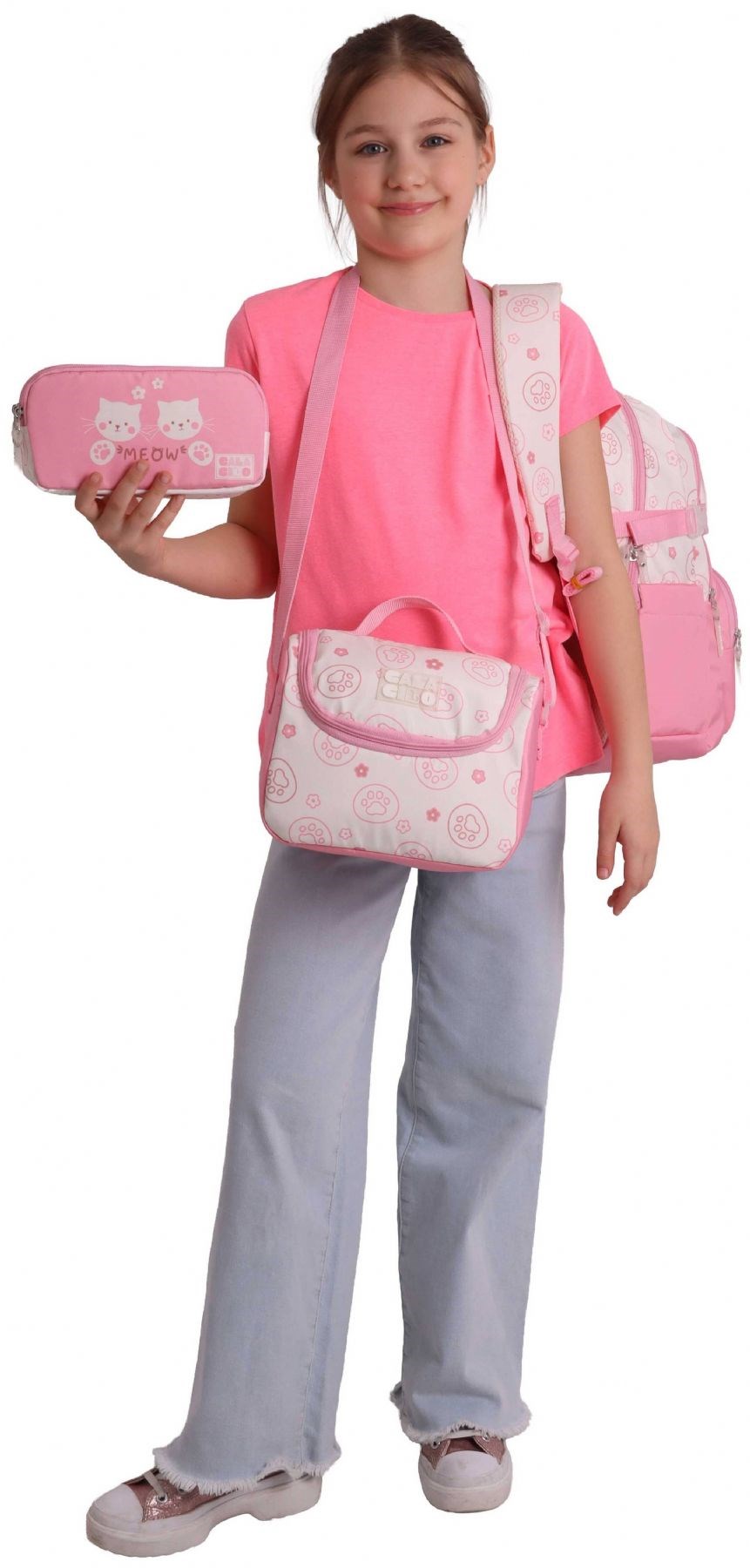 CalaCilo Kedi Baskılı Pembe Kız Çocuk Üçlü İlkokul Okul Çantası Seti - SETCC-C4038A