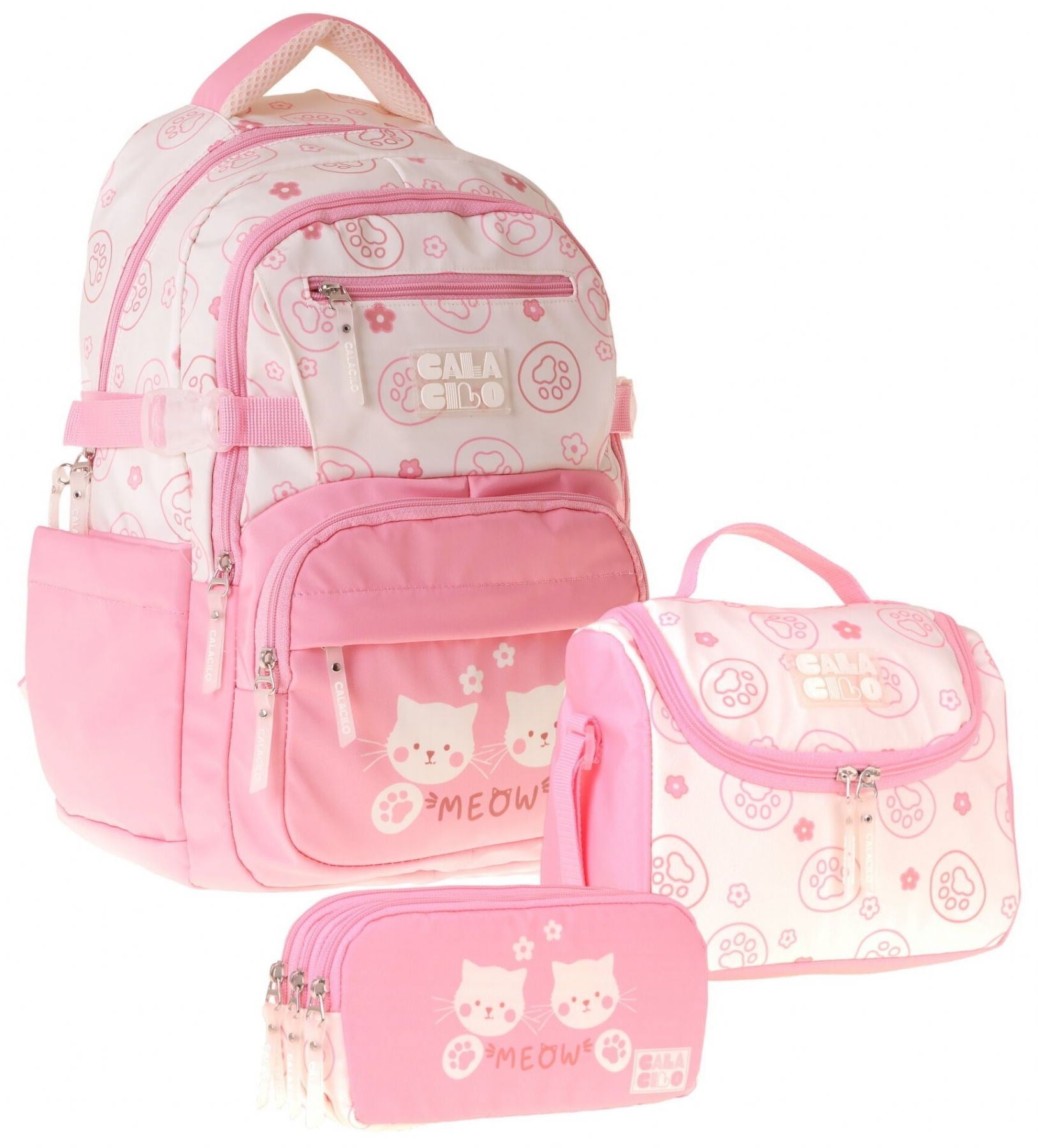 CalaCilo Kedi Baskılı Pembe Kız Çocuk Üçlü İlkokul Okul Çantası Seti - SETCC-C4038A