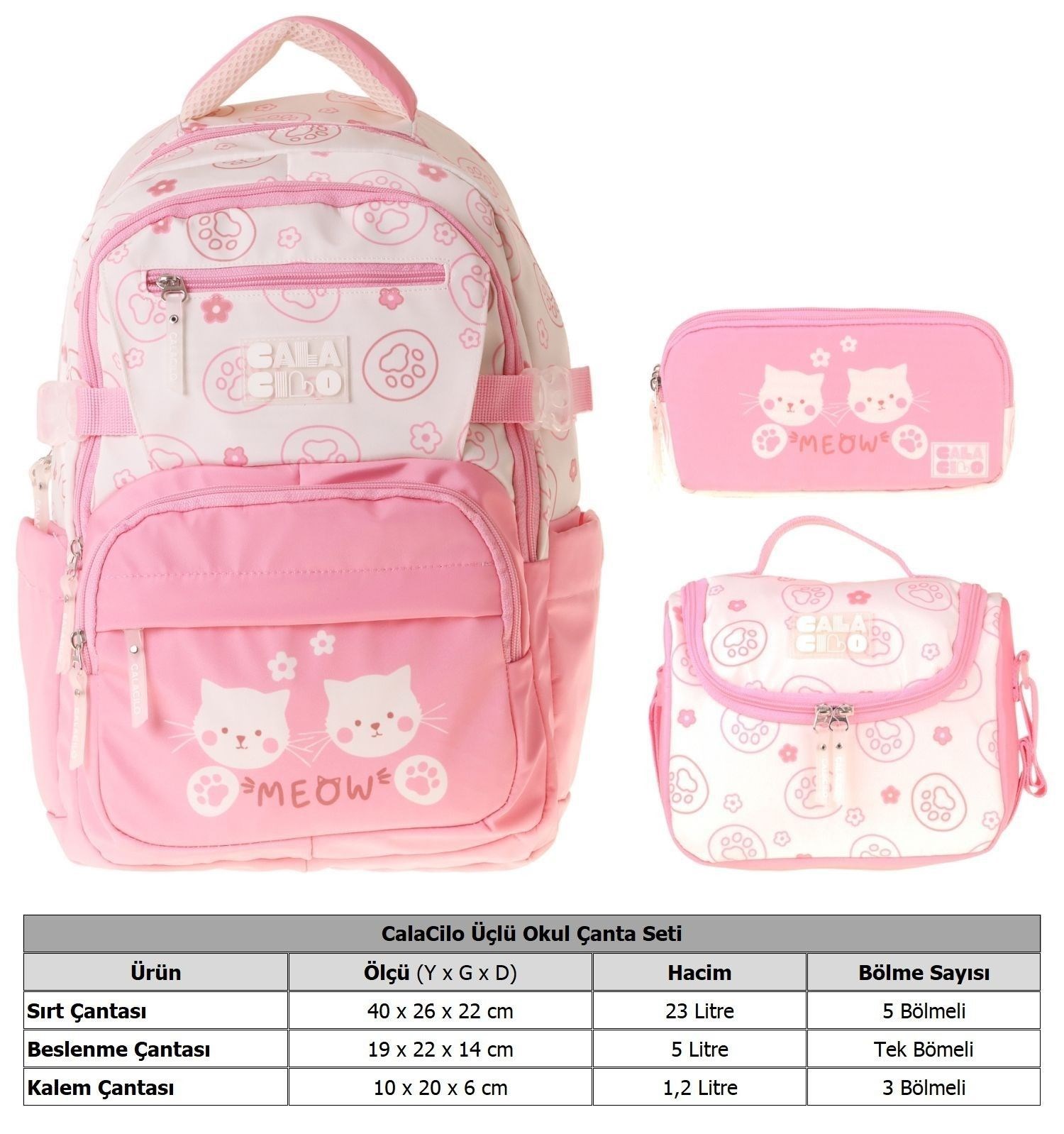 CalaCilo Kedi Baskılı Pembe Kız Çocuk Üçlü İlkokul Okul Çantası Seti - SETCC-C4038A