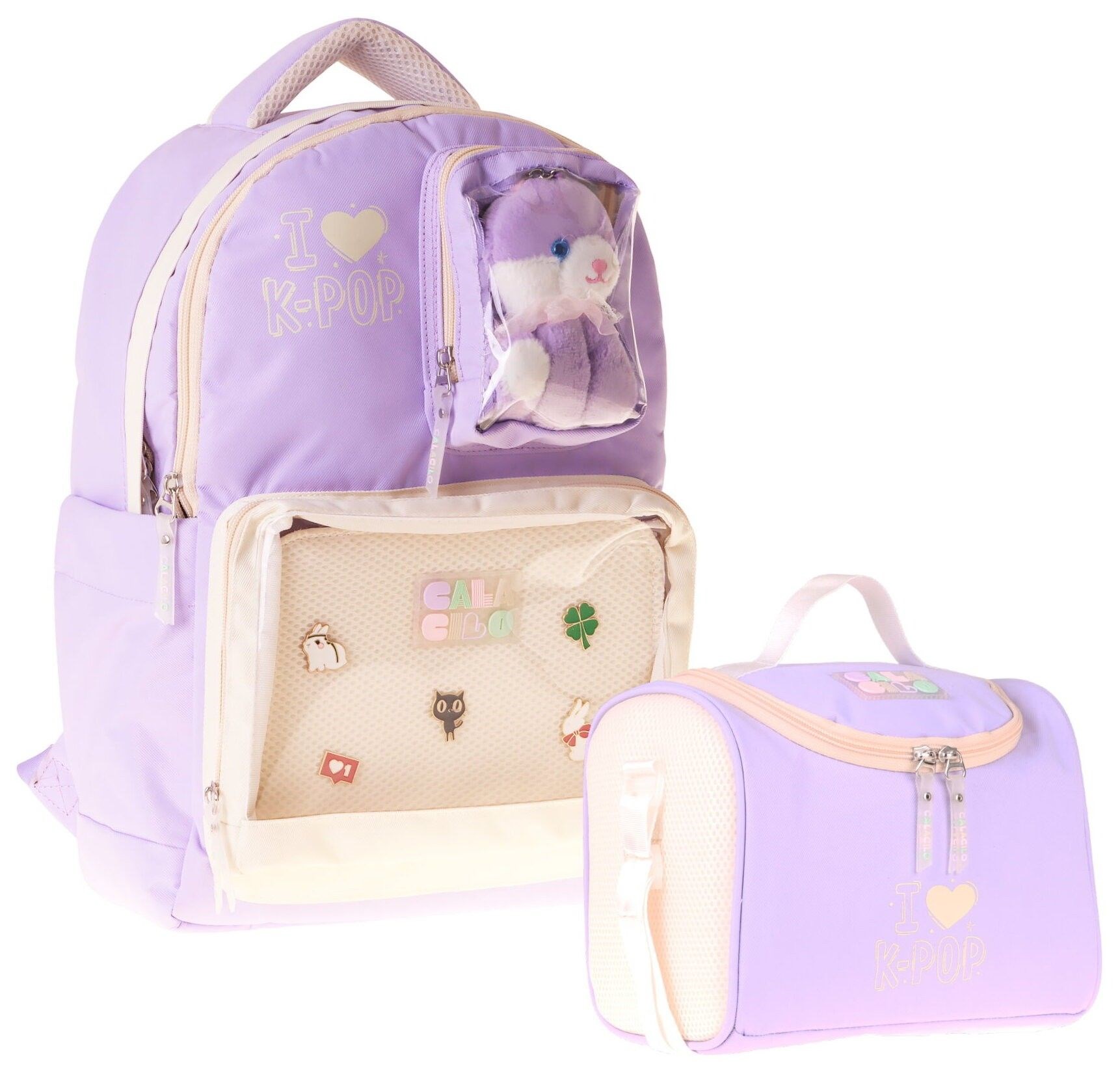 CalaCilo Kız Çocuk İlkokul Sırt Çantası ve Beslenme Seti - K-Pop Lilac Peluş Ayı Aksesuarlı Lila SETCC-C4104B
