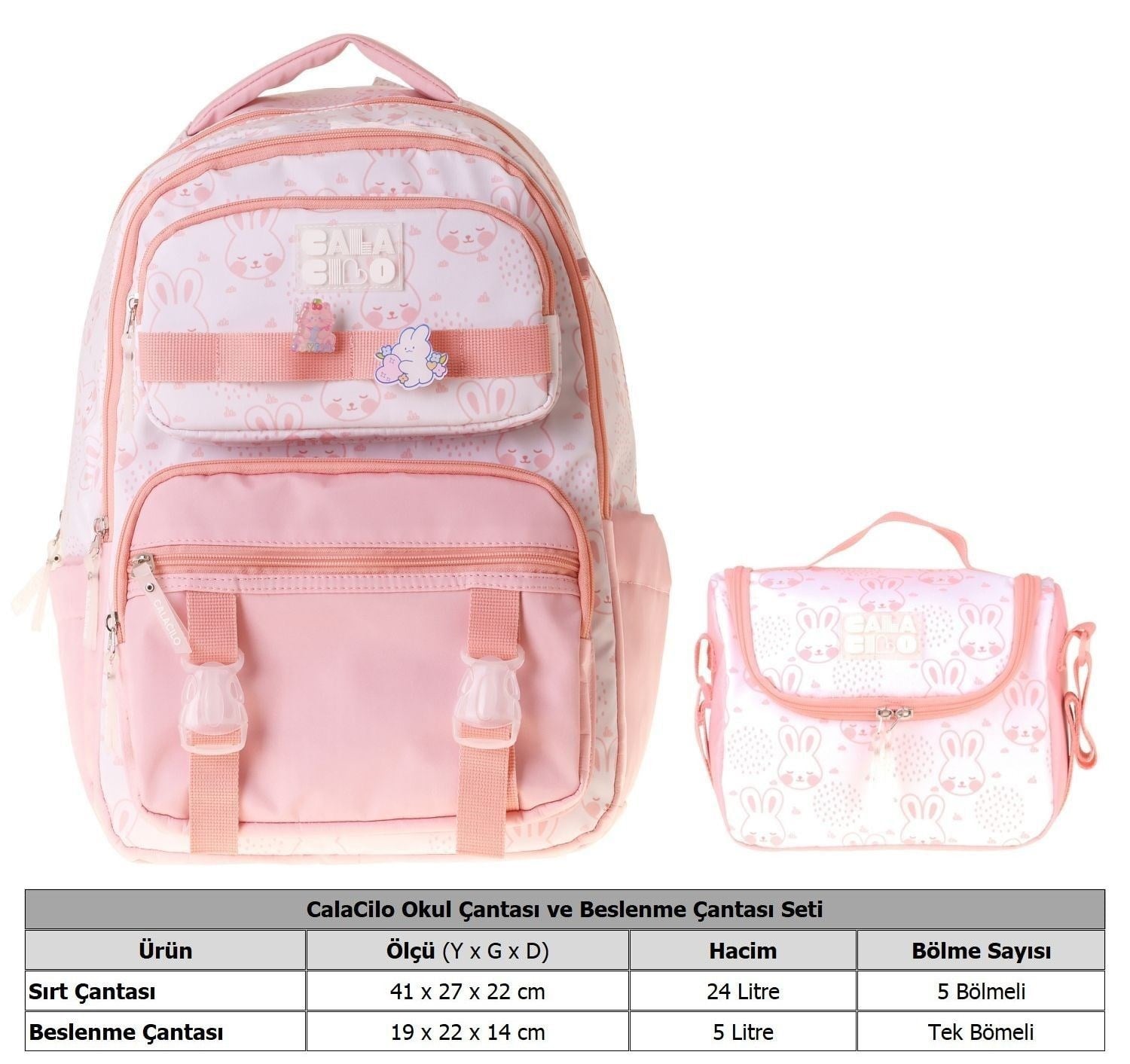 CalaCilo Kız Çocuk İlkokul Sırt Çantası ve Beslenme Seti - Kedi Baskılı Pembe SETCC-C4050B