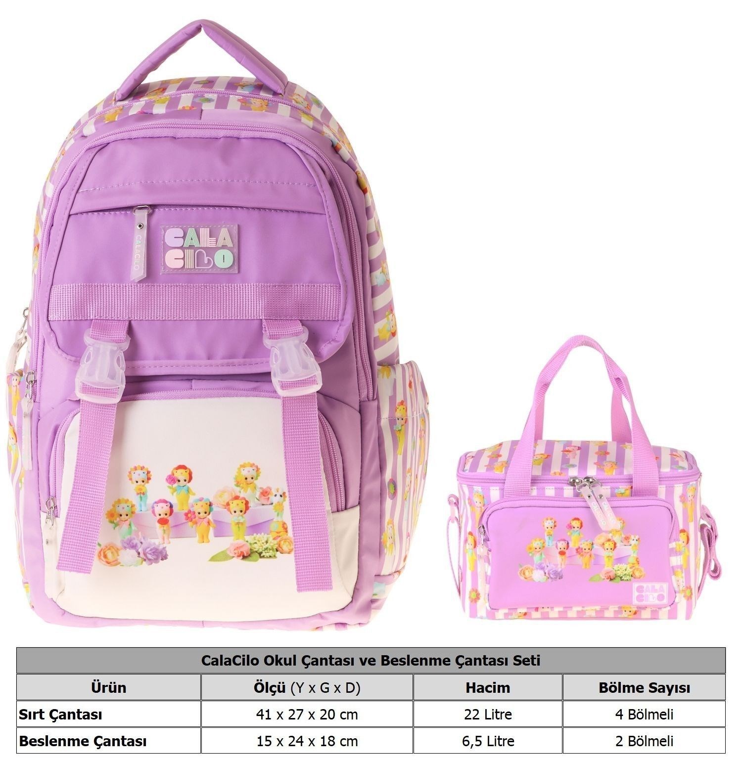 CalaCilo Kız Çocuk İlkokul Sırt Çantası ve Beslenme Seti - Flowers Baskılı Lila SETCC-C4071B