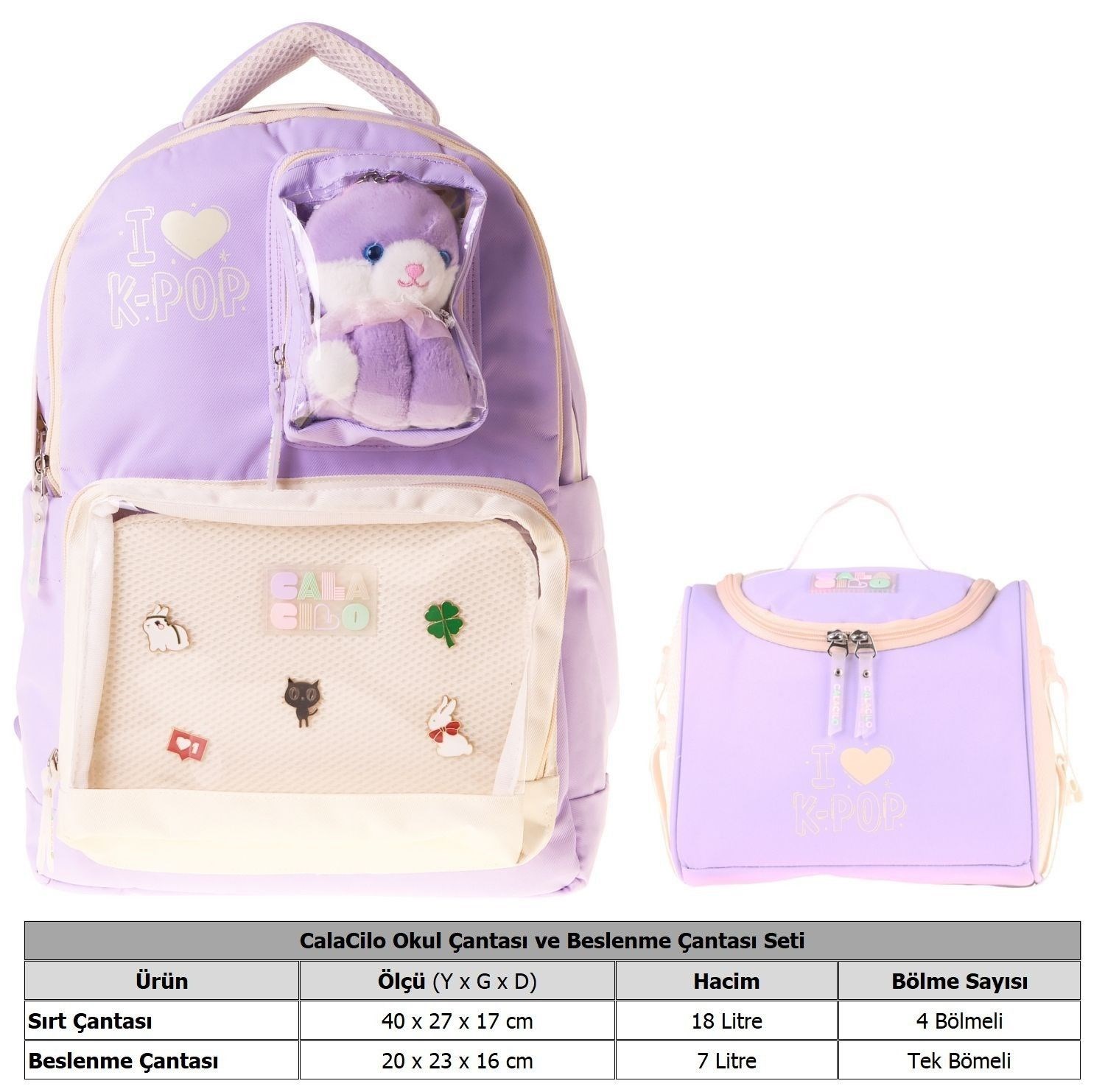 CalaCilo Kız Çocuk İlkokul Sırt Çantası ve Beslenme Seti - K-Pop Lilac Peluş Ayı Aksesuarlı Lila SETCC-C4104B