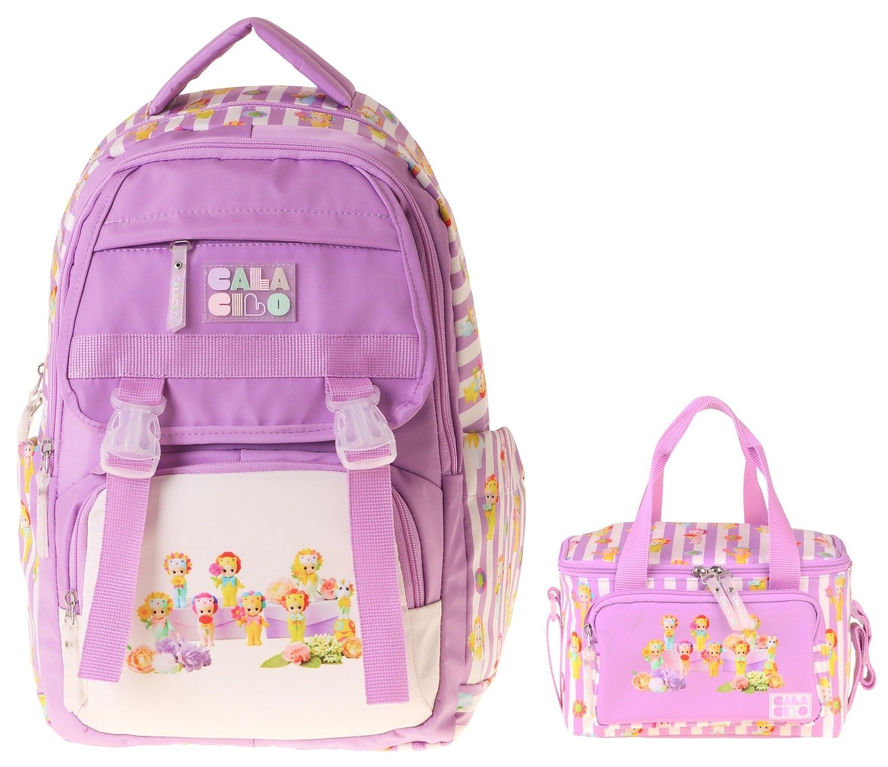 CalaCilo Kız Çocuk İlkokul Sırt Çantası ve Beslenme Seti - Flowers Baskılı Lila SETCC-C4071B