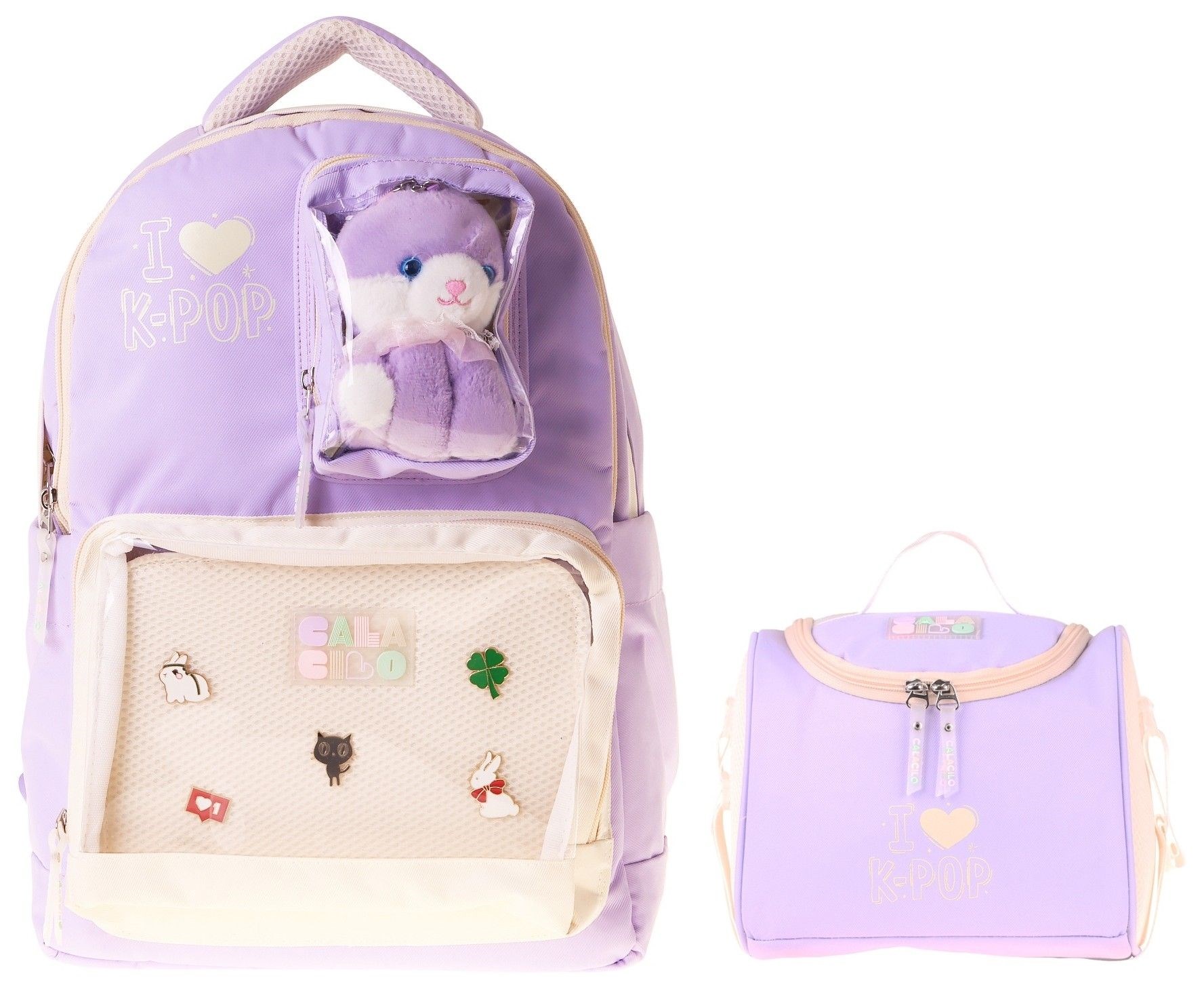 CalaCilo Kız Çocuk İlkokul Sırt Çantası ve Beslenme Seti - K-Pop Lilac Peluş Ayı Aksesuarlı Lila SETCC-C4104B