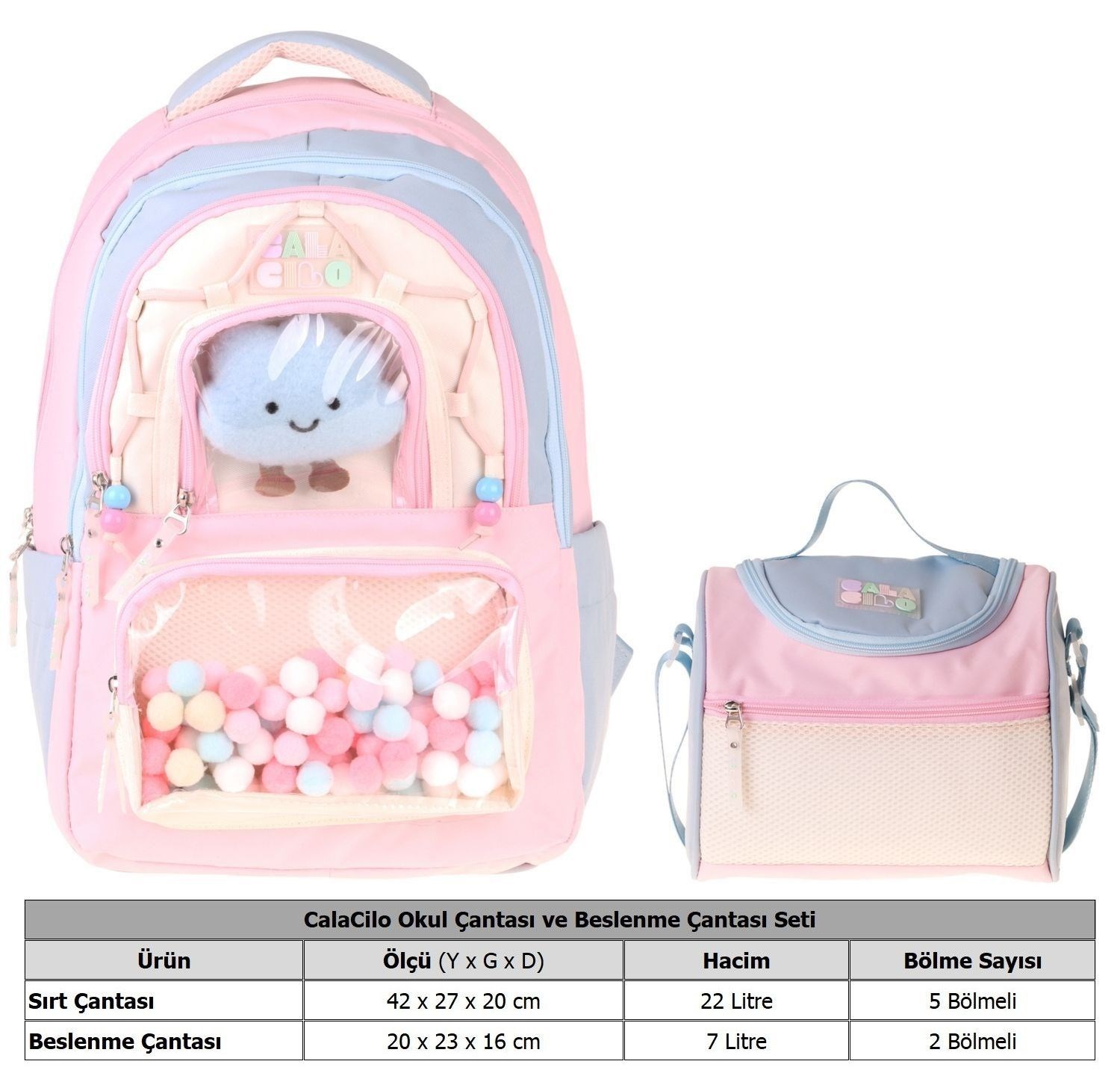 CalaCilo Kız Çocuk İlkokul Sırt Çantası ve Beslenme Seti - Cloudy Pembe Mavi Renkli Pembe - Mavi SETCC-C4086B