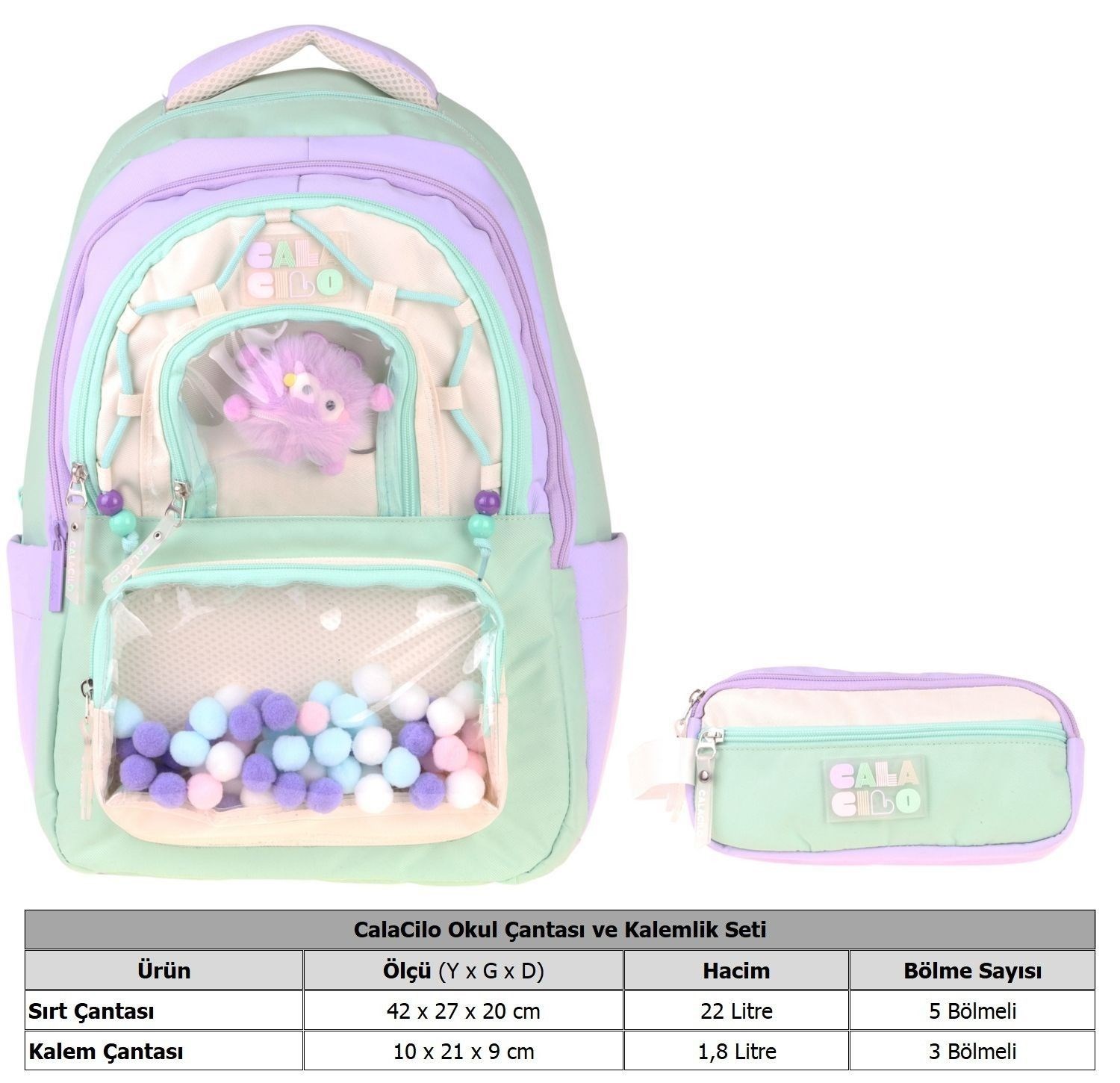 CalaCilo Rainbow Kız Çocuk Rainbow Lila Yeşil Renkli Okul Sırt Çantası ve Kalemlik Seti - SETCC-C4089C