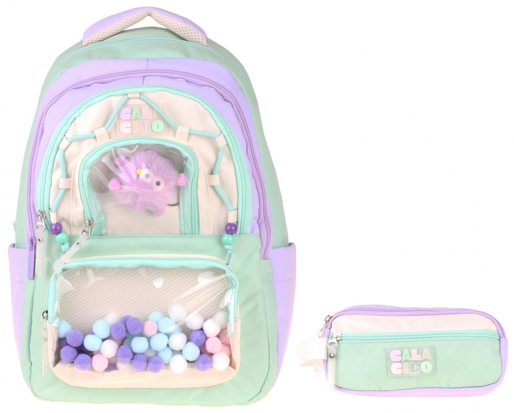 CalaCilo Rainbow Kız Çocuk Rainbow Lila Yeşil Renkli Okul Sırt Çantası ve Kalemlik Seti - SETCC-C4089C