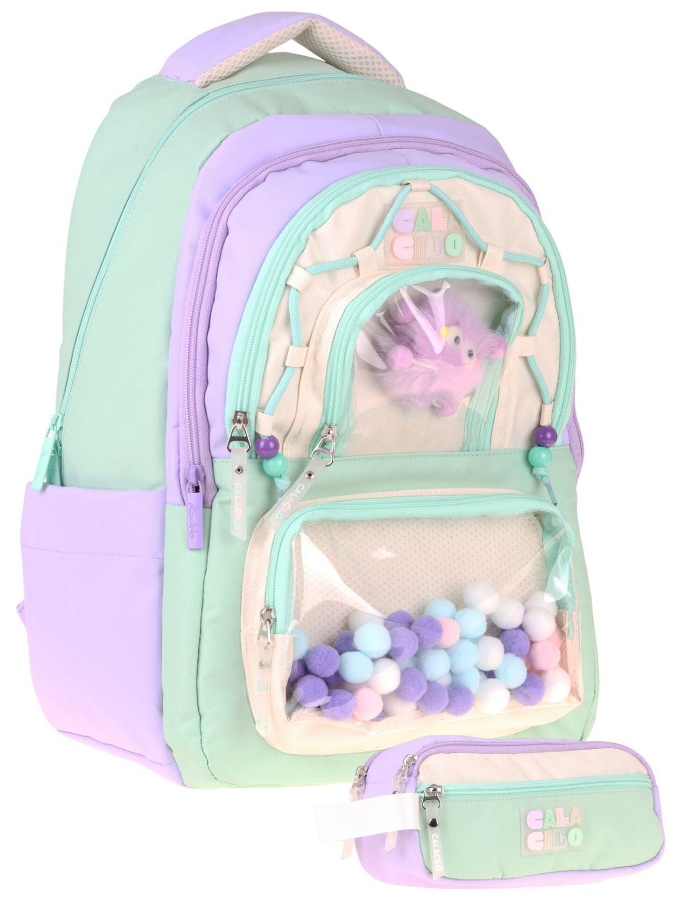 CalaCilo Rainbow Kız Çocuk Rainbow Lila Yeşil Renkli Okul Sırt Çantası ve Kalemlik Seti - SETCC-C4089C