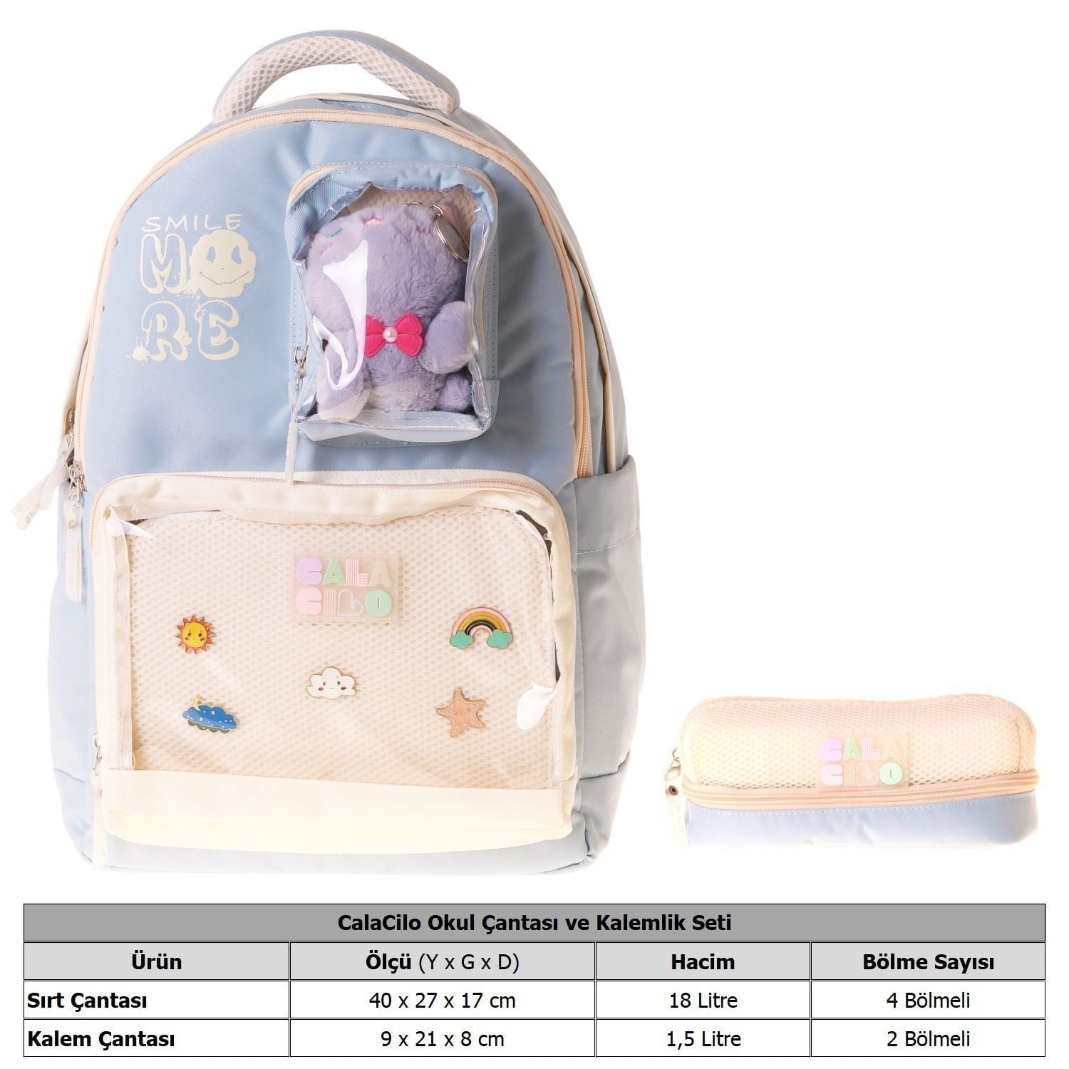 CalaCilo Smile Kız Çocuk Turkuaz Smile Baskılı Okul Sırt Çantası ve Kalemlik Seti - SETCC-C4110C