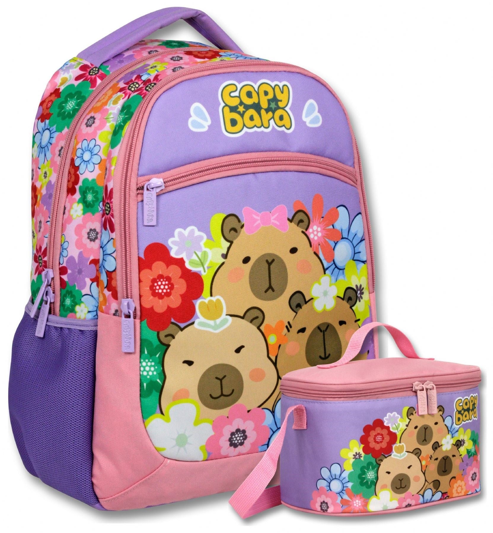 Capybara Kız Çocuk Çiçek ve Capybara Baskılı Okul Çantası+Beslenme Çantası Seti - SETCPB6203B