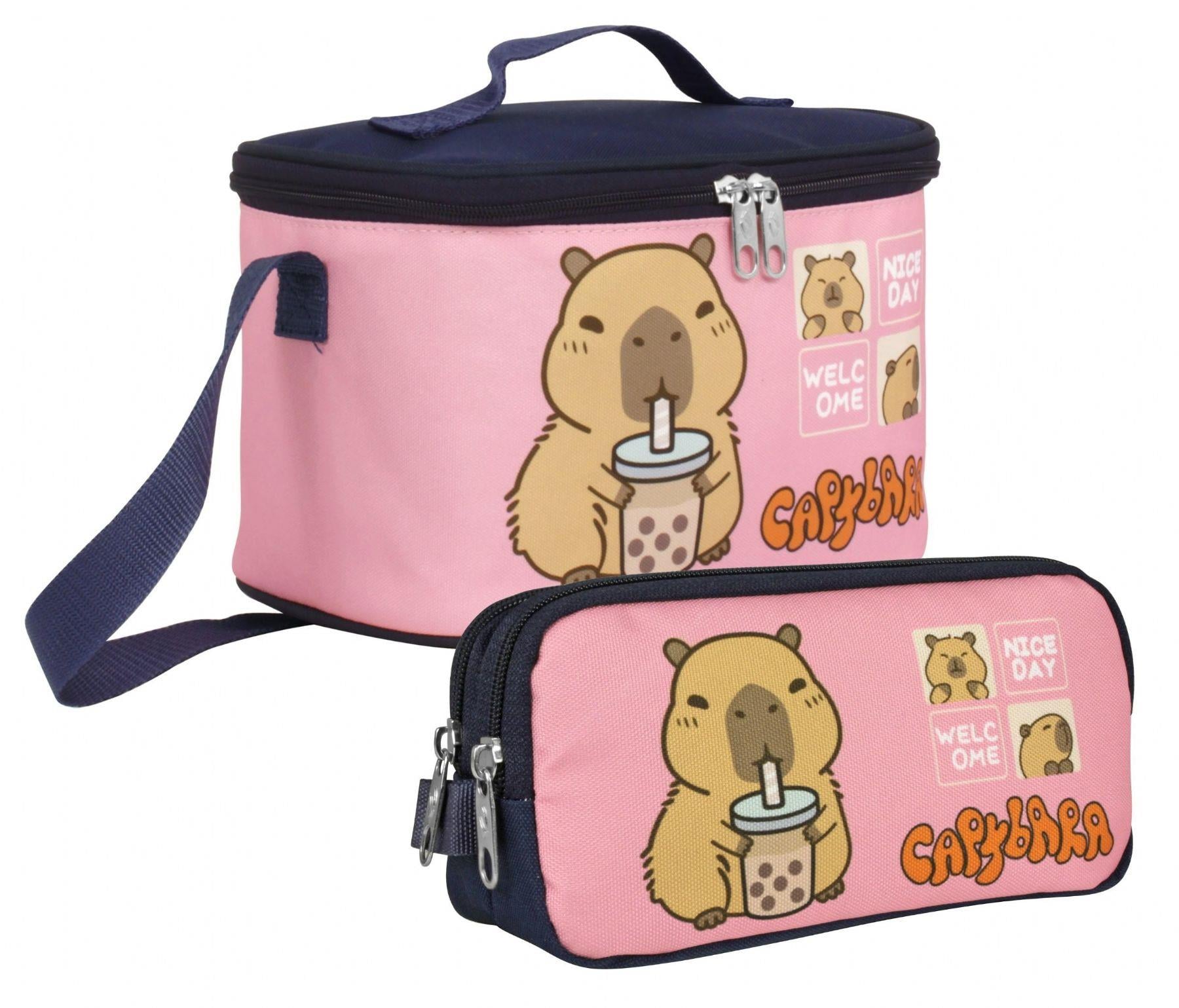 Capybara Kız Çocuk Isı Yalıtımlı Beslenme Çantası ve Kalem Çantası Seti - Lacivert/Pembe - SETCPB5204