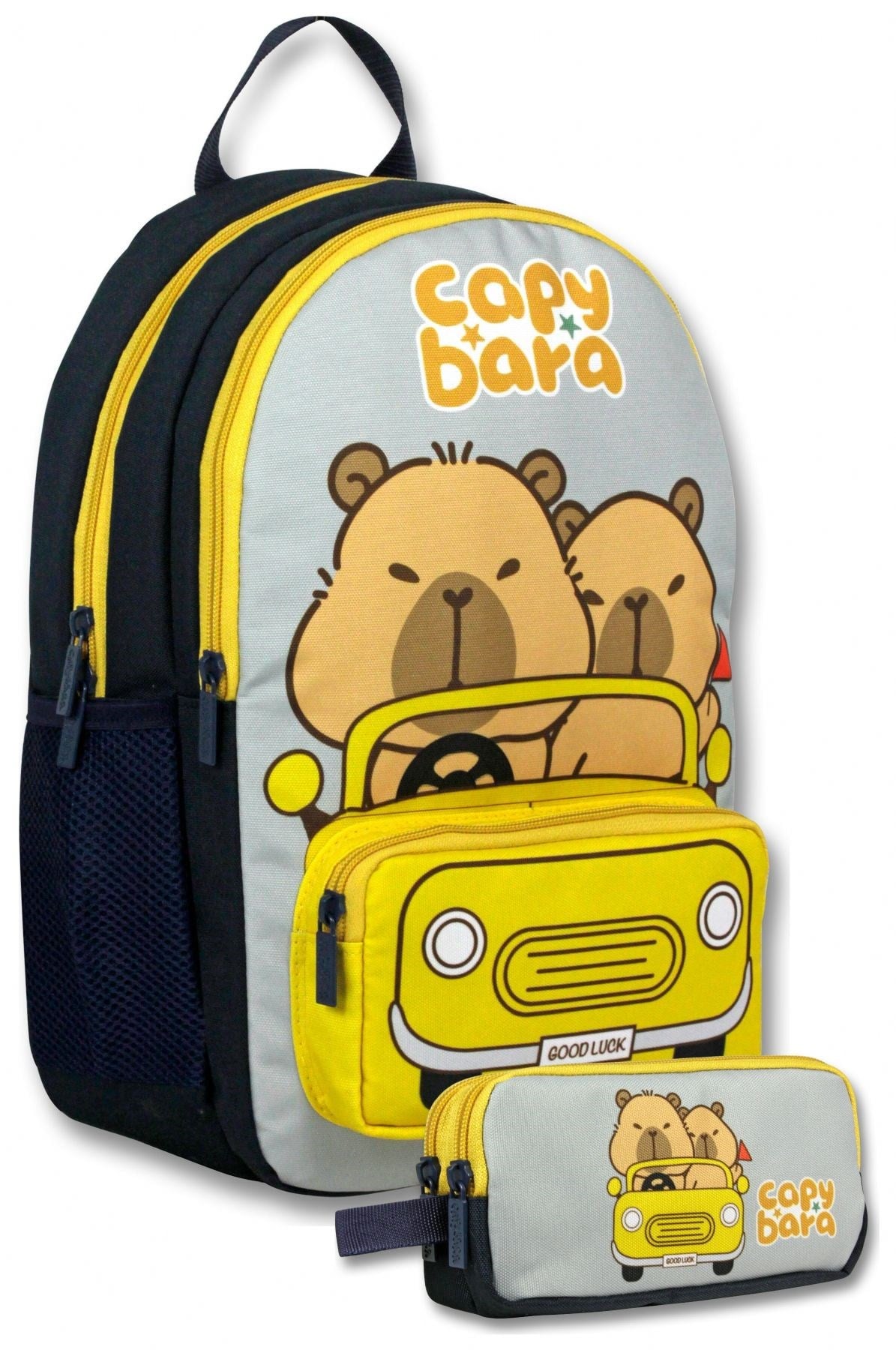 Capybara (Sarı - Siyah) Unisex Capybara Seyahatte İlkokul Çantası ve Kalemlik Seti - SETCPB6218C