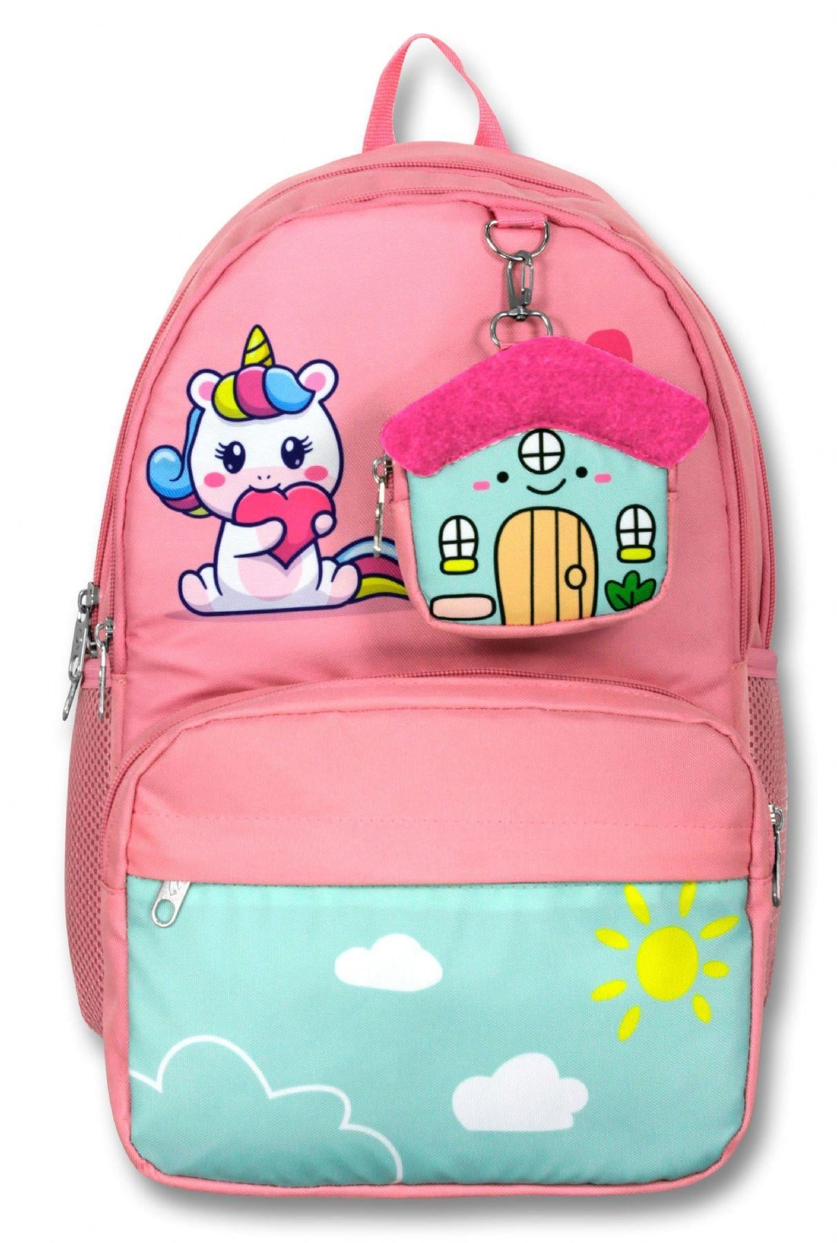Cennec 5051 (Unicorn - Pembe Yeşil - Kız Çocuk) Okul Çantası - Sevimli Anahtarlık Dahil
