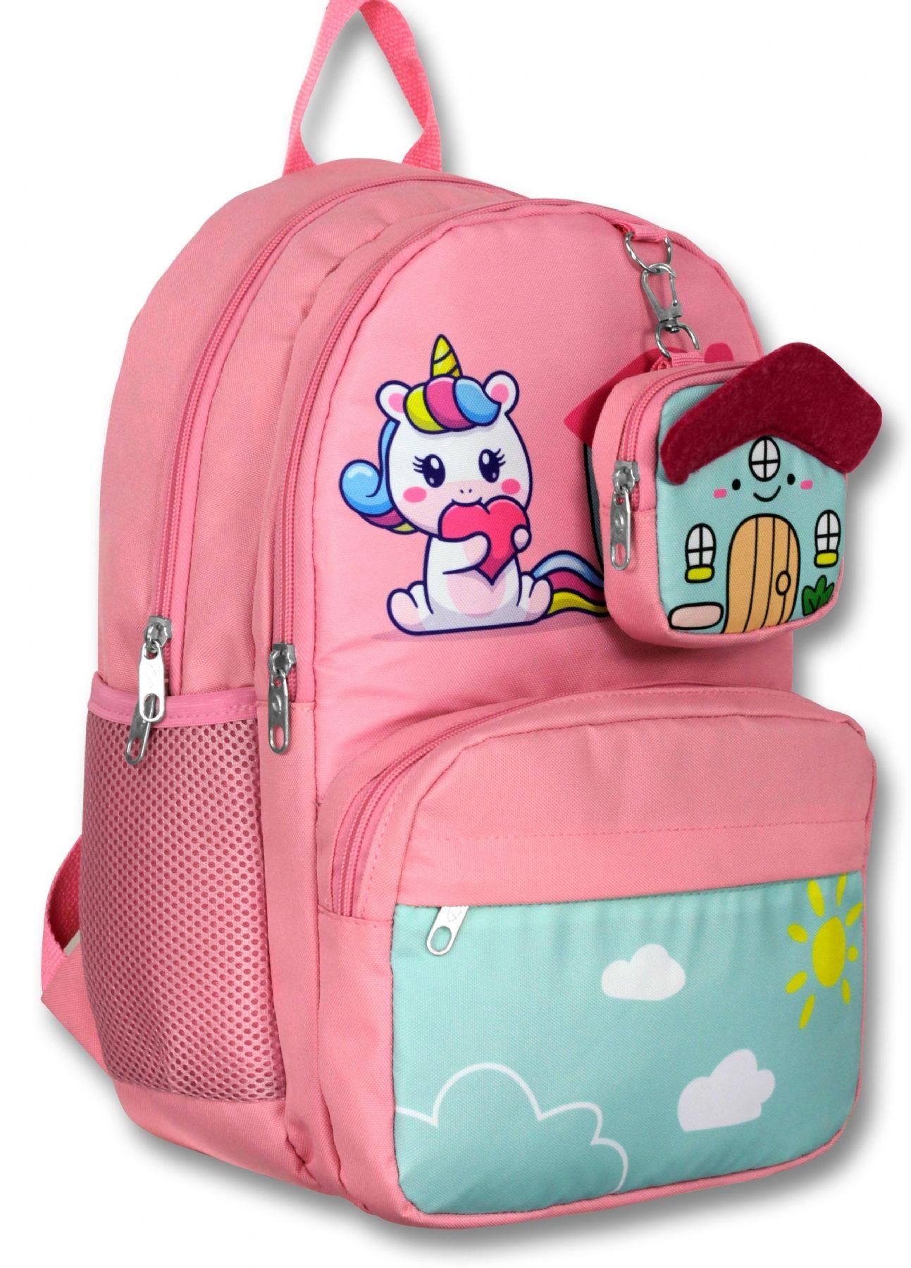 Cennec 5051 (Unicorn - Pembe Yeşil - Kız Çocuk) Okul Çantası - Sevimli Anahtarlık Dahil