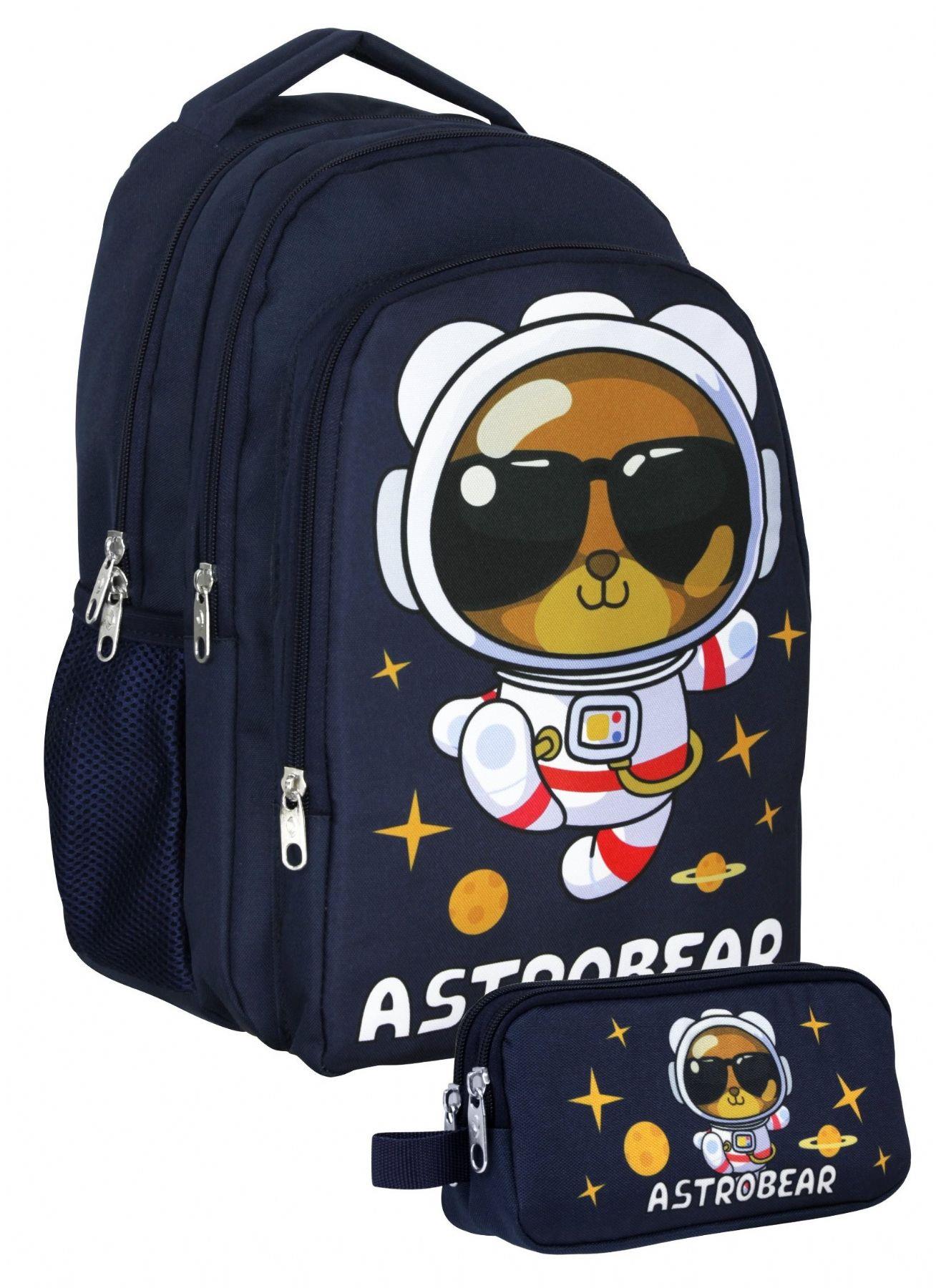Cennec Lacivert Beyaz Astronot Ayıcık Baskılı Erkek Çocuk Çanta Seti (Sırt Çantası+Kalemlik) - SETUMT5045C
