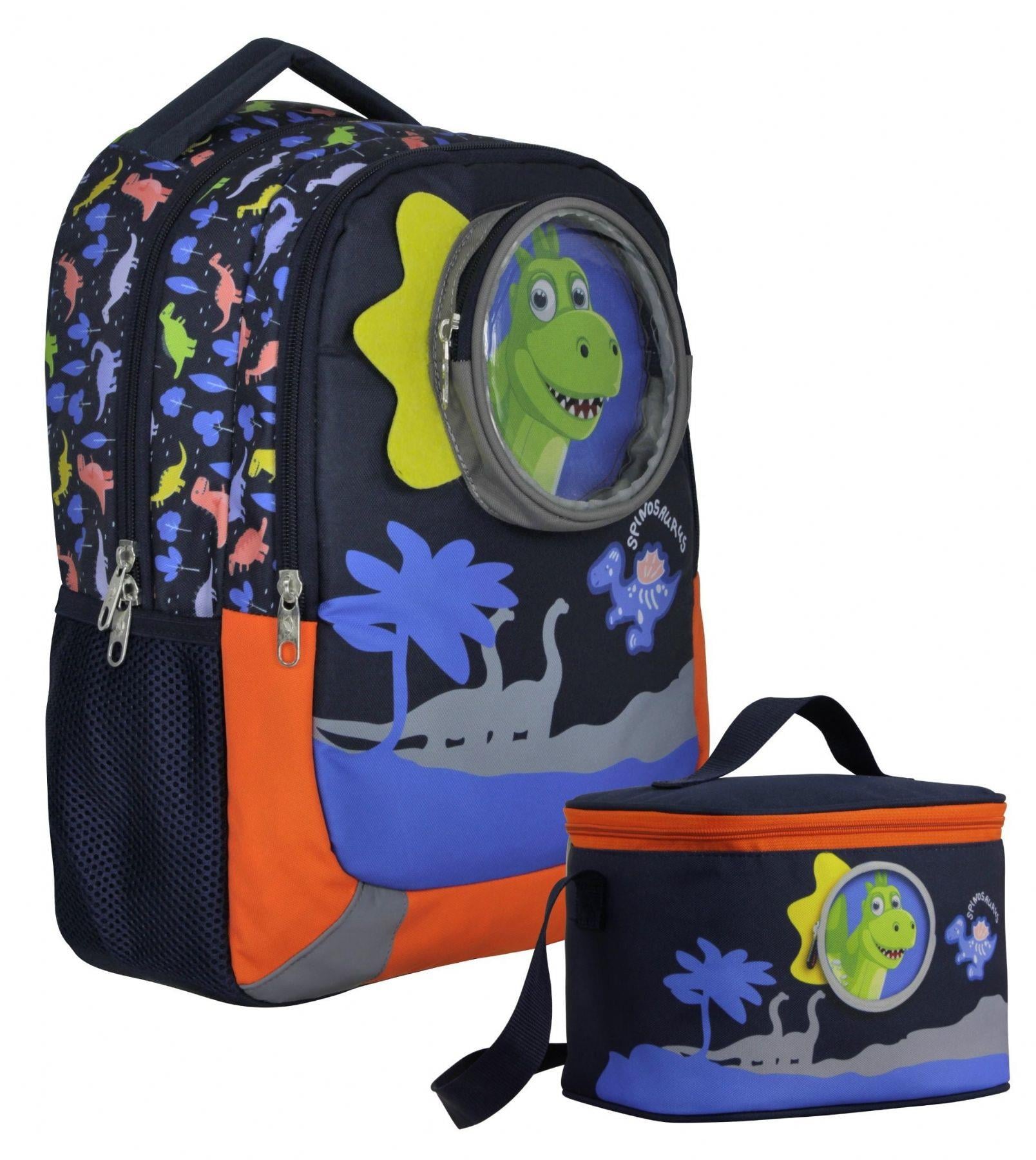 Cennec Sevimli Dinazor Desenli Erkek Çocuk Mavi Kırmızı İkili Çanta ve Beslenme Seti - SETUMT5009B