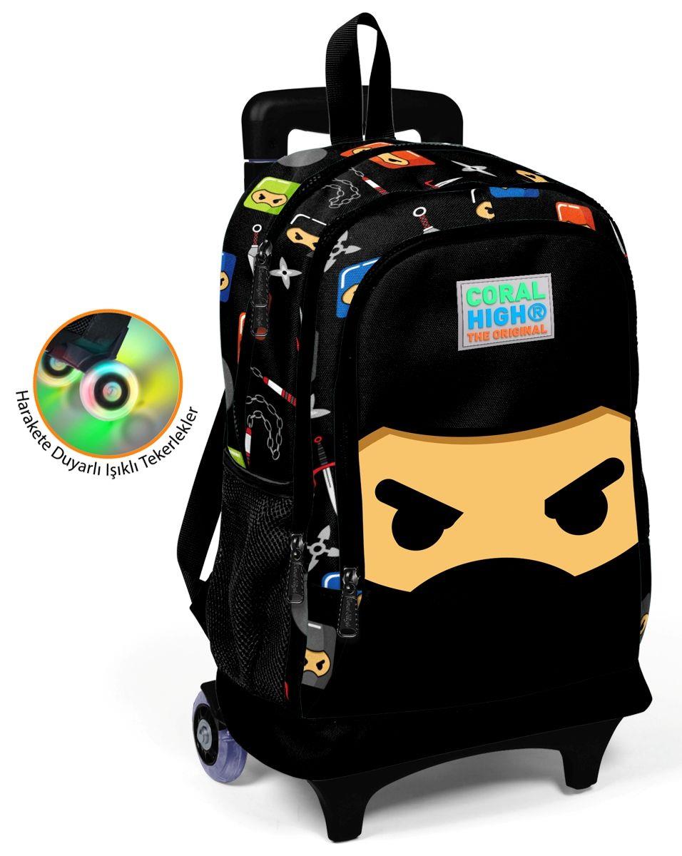 Coral Hig Ninja Baskılı Çekçek Okul Çantası - Işıklı Tekerlekler