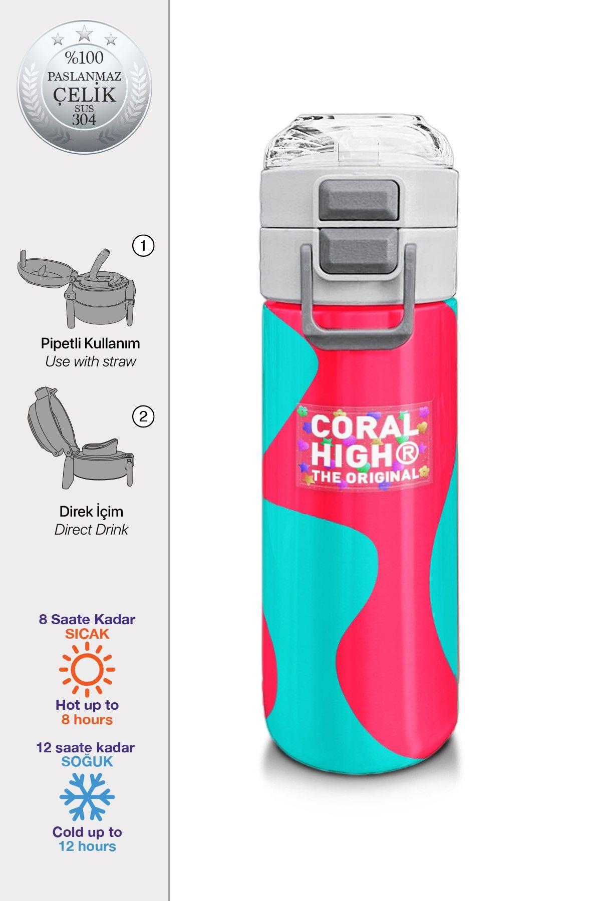 Coral High 500 ml Kız Çocuk Pipetli Termos/Matara - Neon Mercan Turuncu Desenli - Çift Kullanım Özelliği 31885