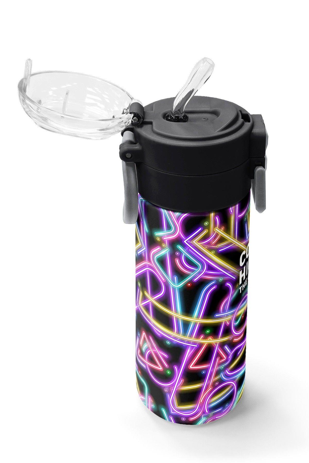 Coral High 500 ml Kız Çocuk Siyah Çok Renkli Neon Desenli Çelik Termos Matara - Okul Suluğu