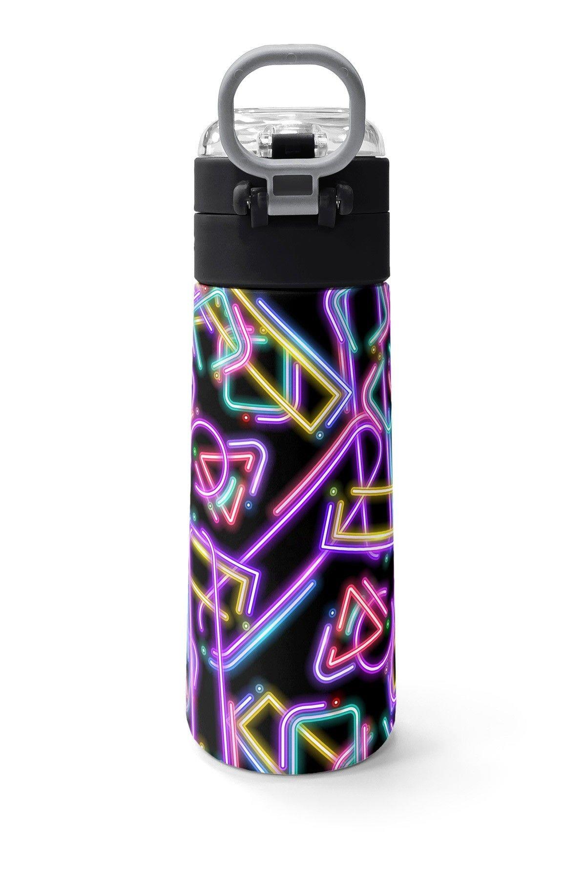 Coral High 500 ml Kız Çocuk Siyah Çok Renkli Neon Desenli Çelik Termos Matara - Okul Suluğu