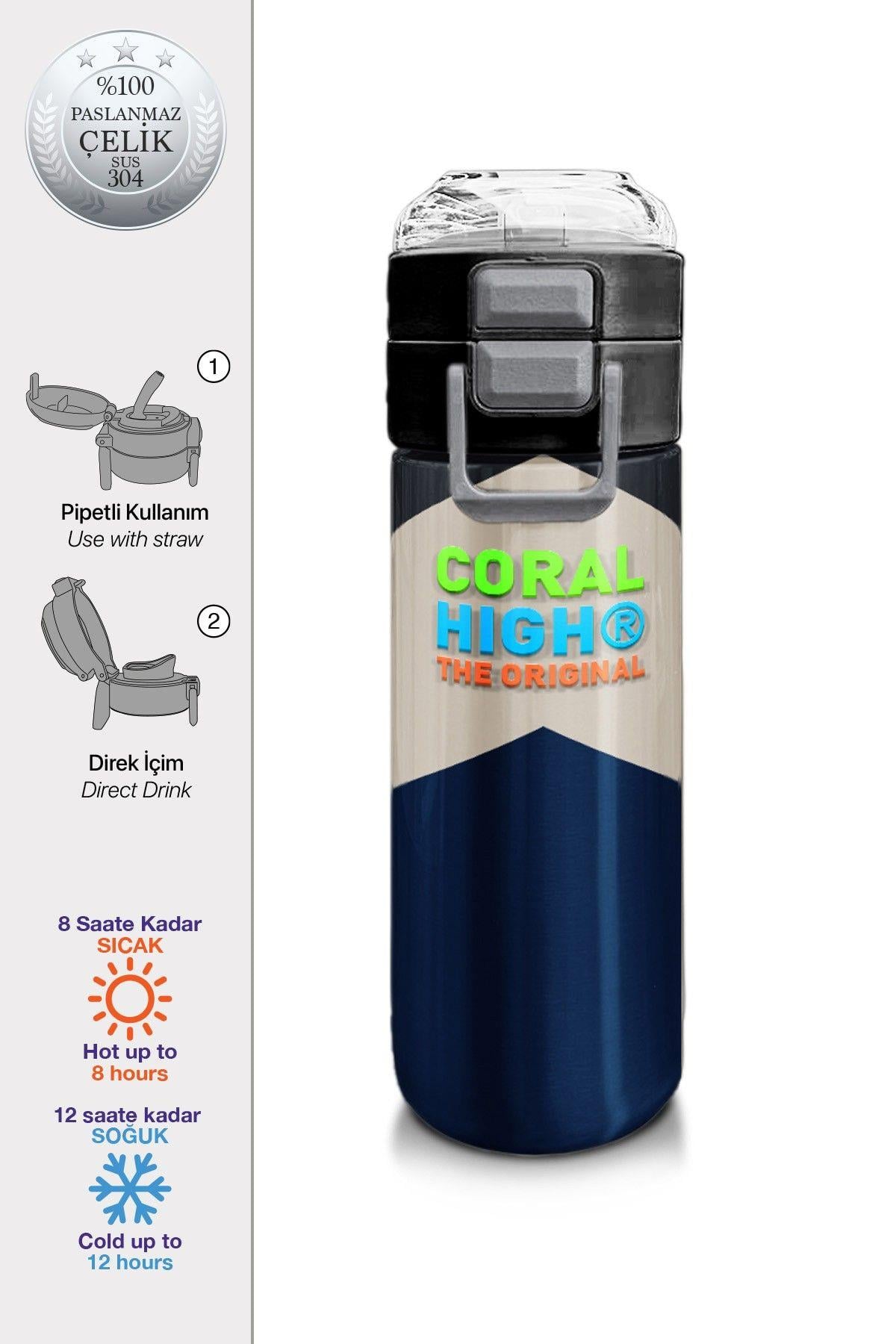 Coral High 500 ml Lacivert Koyu Gri Bej Desenli  - Erkek Çocuk Paslanmaz Çelik Okul Termosu/Suluk/Matara 31893