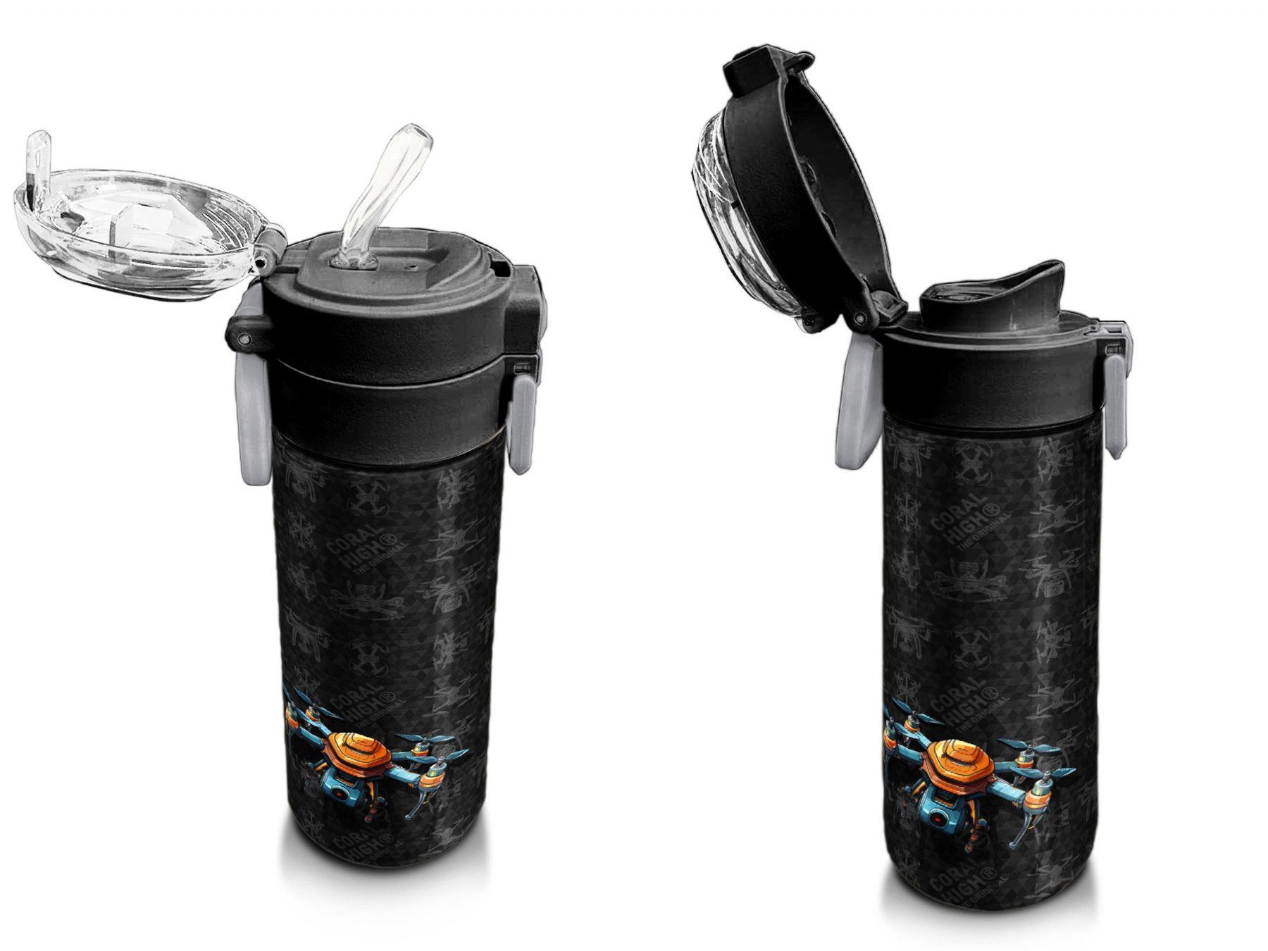 Coral High 500 ml Paslanmaz Çelik Okul Termosu/Suluk/Matara - Erkek Çocuk - Siyah Drone Desenli  - Sızdırma Yapmaz 31891