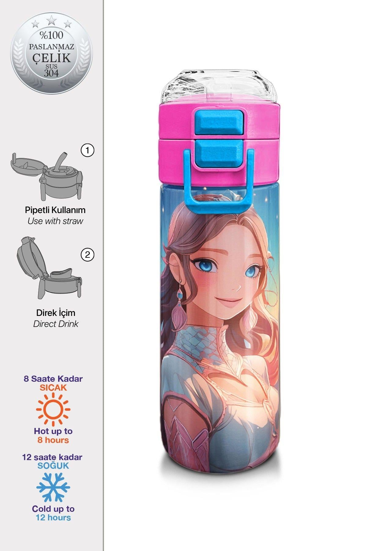 Coral High 500 ml Paslanmaz Çelik Okul Termosu/Suluk/Matara - Kız Çocuk - Turkuaz Pembe Anime Kız Desenli  - Sızdırma Yapmaz 31858